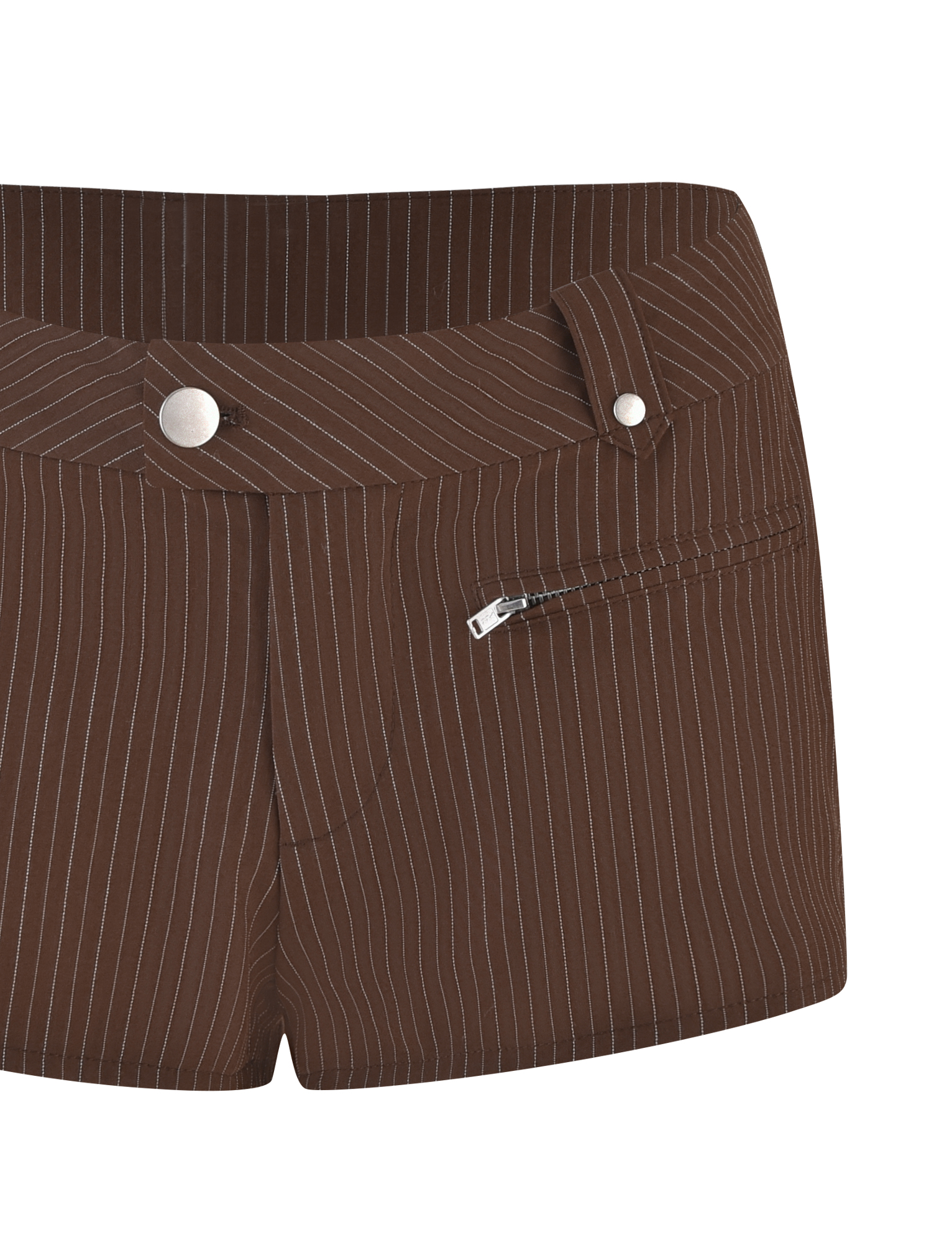 TIGERMIST ANTONELLA SHORT in chocolate pinstripe features a low-rise, tailored fit with front button, belt loops, and a right diagonal zippered pocket, shown against a white background.