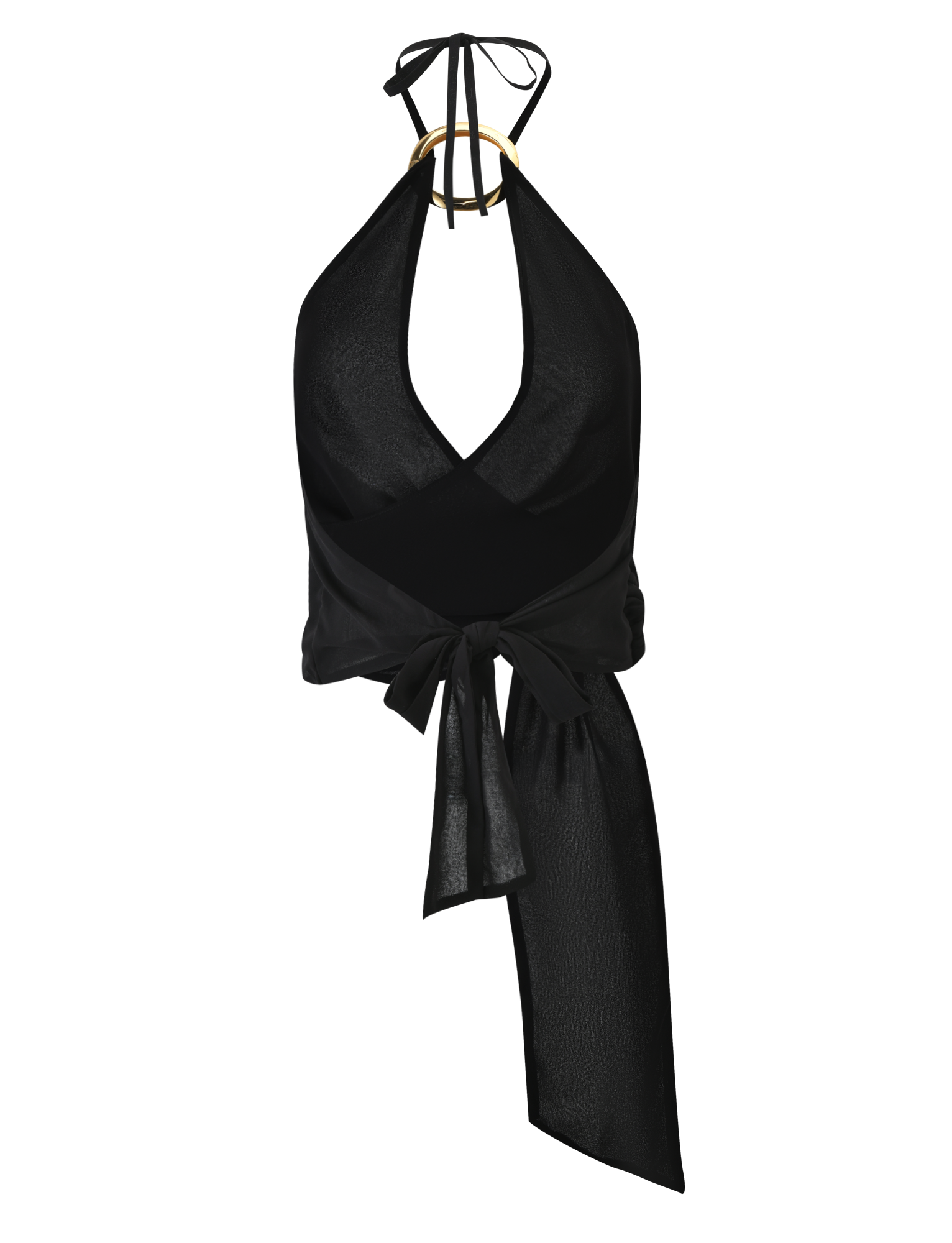 The INDIGO TOP - BLACK by TIGERMIST is a stylish black chiffon halter neck top with a deep V-neck, gold hoop details, an adjustable tie back, and a wide waist tie that ties into a front bow for a chic, casual fit.