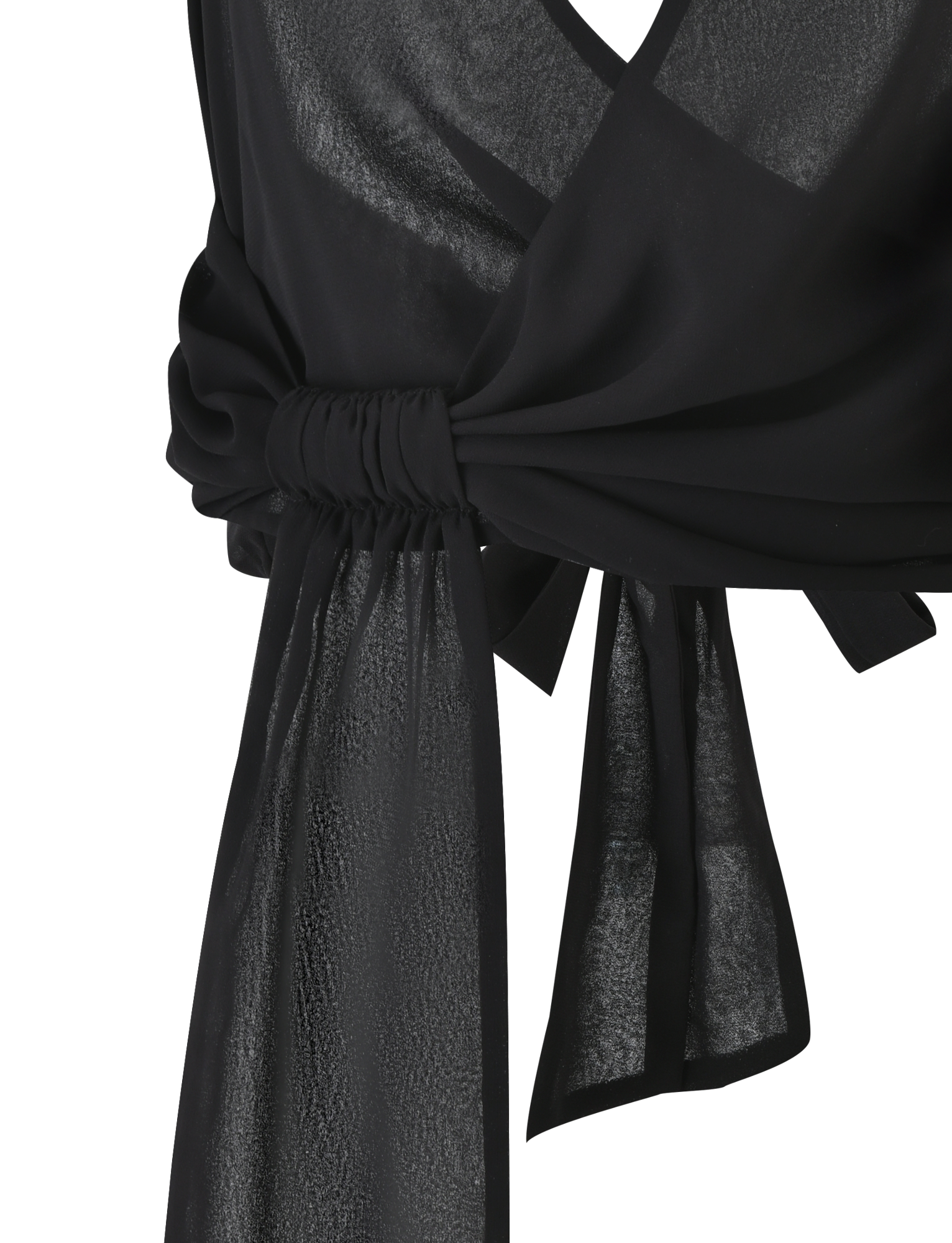 Close-up of the TIGERMIST INDIGO TOP in black, showcasing its shiny fabric, gathered waist with a long sash and adjustable tie back. The deep V-neckline highlights the top’s subtle sheen and soft texture.