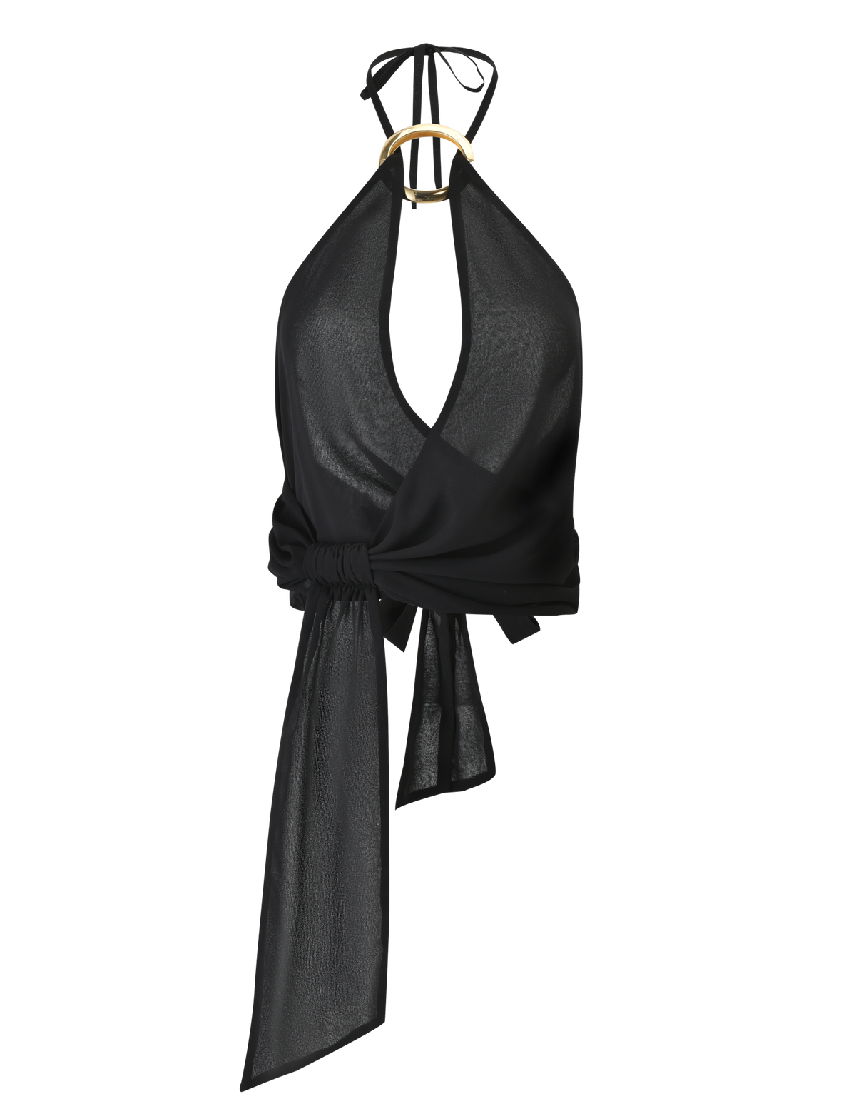 The INDIGO TOP - BLACK by TIGERMIST features a black halter neck in chiffon with a deep V neckline, satin texture, and adjustable tie-back sash at the waist, displayed on a gold hanger.