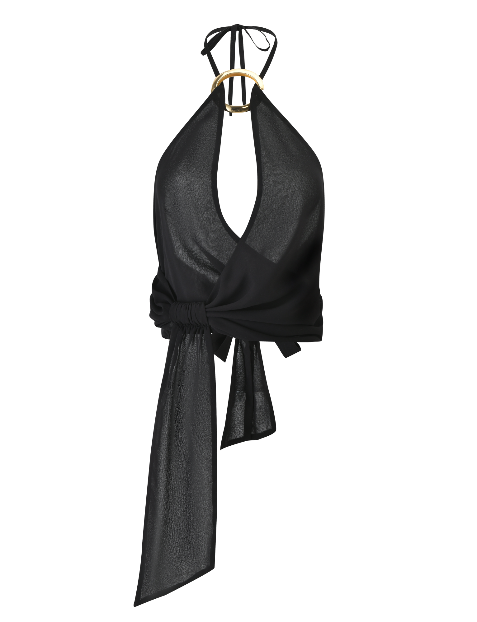 The INDIGO TOP - BLACK by TIGERMIST features a black halter neck in chiffon with a deep V neckline, satin texture, and adjustable tie-back sash at the waist, displayed on a gold hanger.
