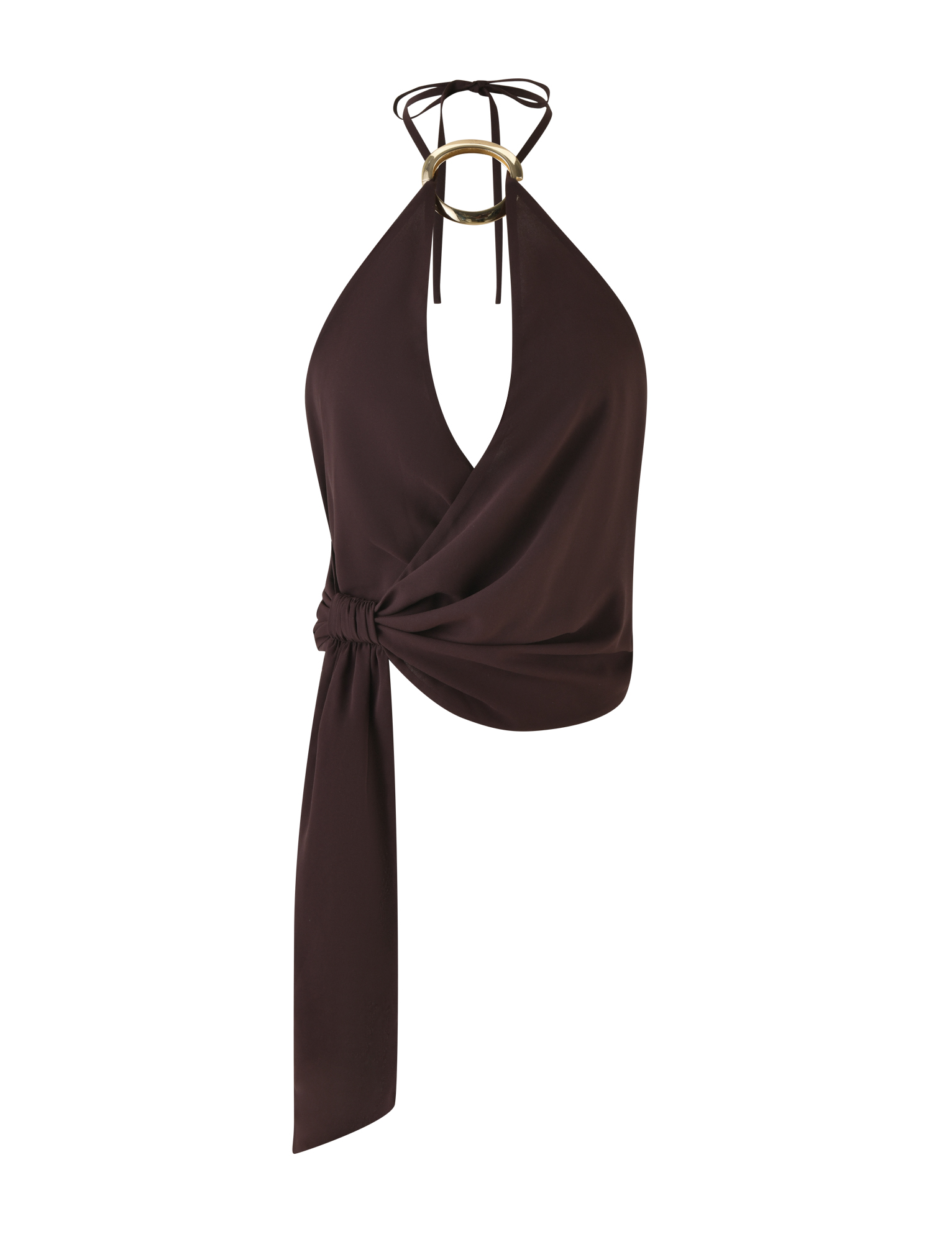 The INDIGO TOP - BROWN: CHOCOLATE by TIGERMIST is a sleeveless halter neck chiffon top featuring a deep V-neck, large ring detail, thin tie straps, and an adjustable long waist tie in a chocolate brown wrap design.
