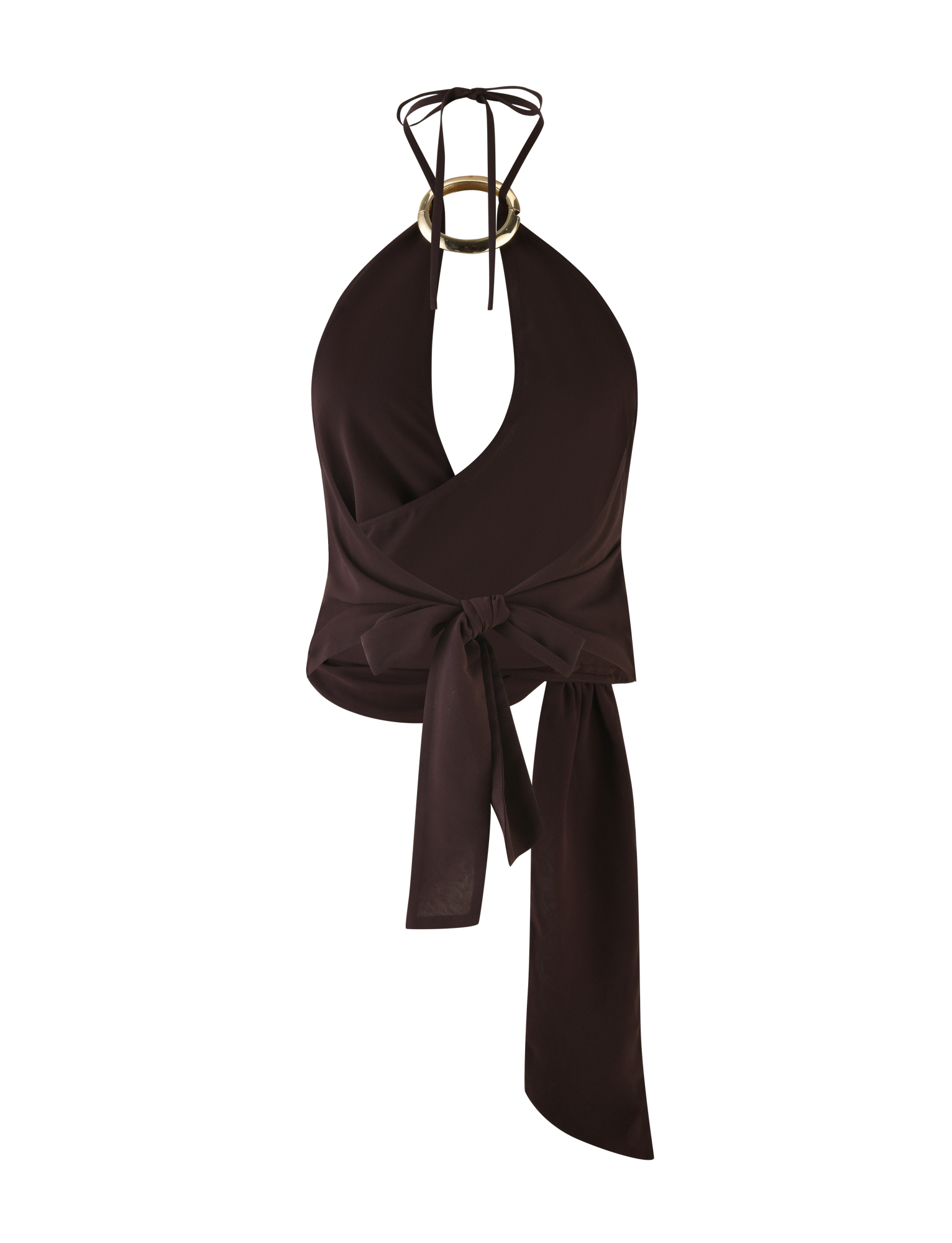 The INDIGO TOP - BROWN : CHOCOLATE by TIGERMIST is a chocolate brown chiffon halter top with a deep V-neckline, gold ring neck detail, and wide waist sash, displayed against a white background.