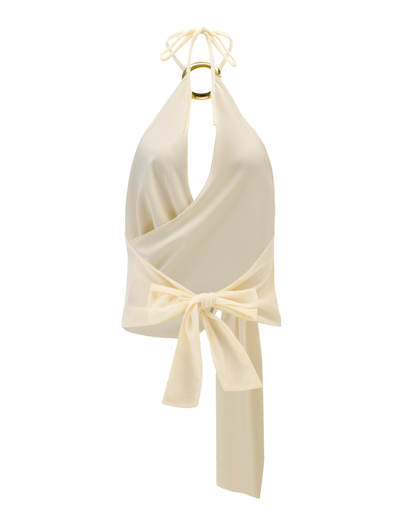 The INDIGO TOP - IVORY by TIGERMIST features a halter neck with gold ring detail, deep neckline, large waist bow, elegant chiffon wrap design, adjustable fit, and flowing fabric for a sophisticated look.