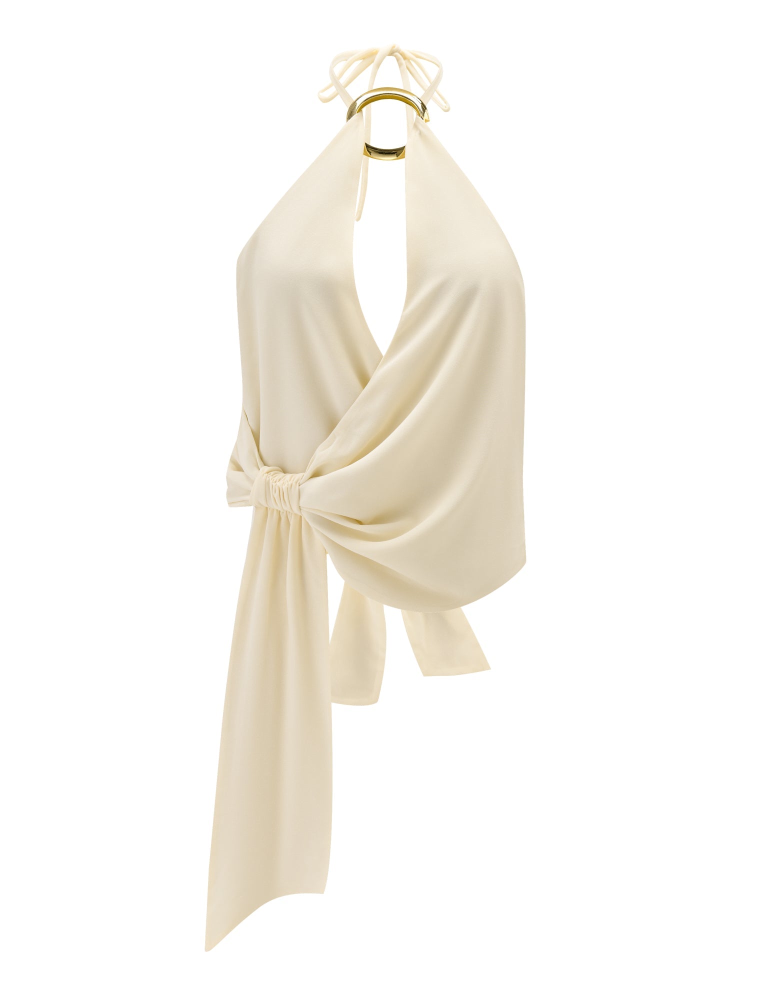 The INDIGO TOP - IVORY by TIGERMIST is a halter neck top with a gold ring detail, open back, and oversized draped bow at the waist for an adjustable fit.