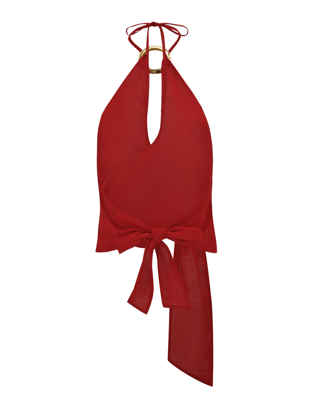 The INDIGO TOP - RED by TIGERMIST is a sleeveless chiffon halter featuring a deep V-neck, large waist bow, adjustable neck tie with gold ring accents, and lightweight, slightly sheer fabric.
