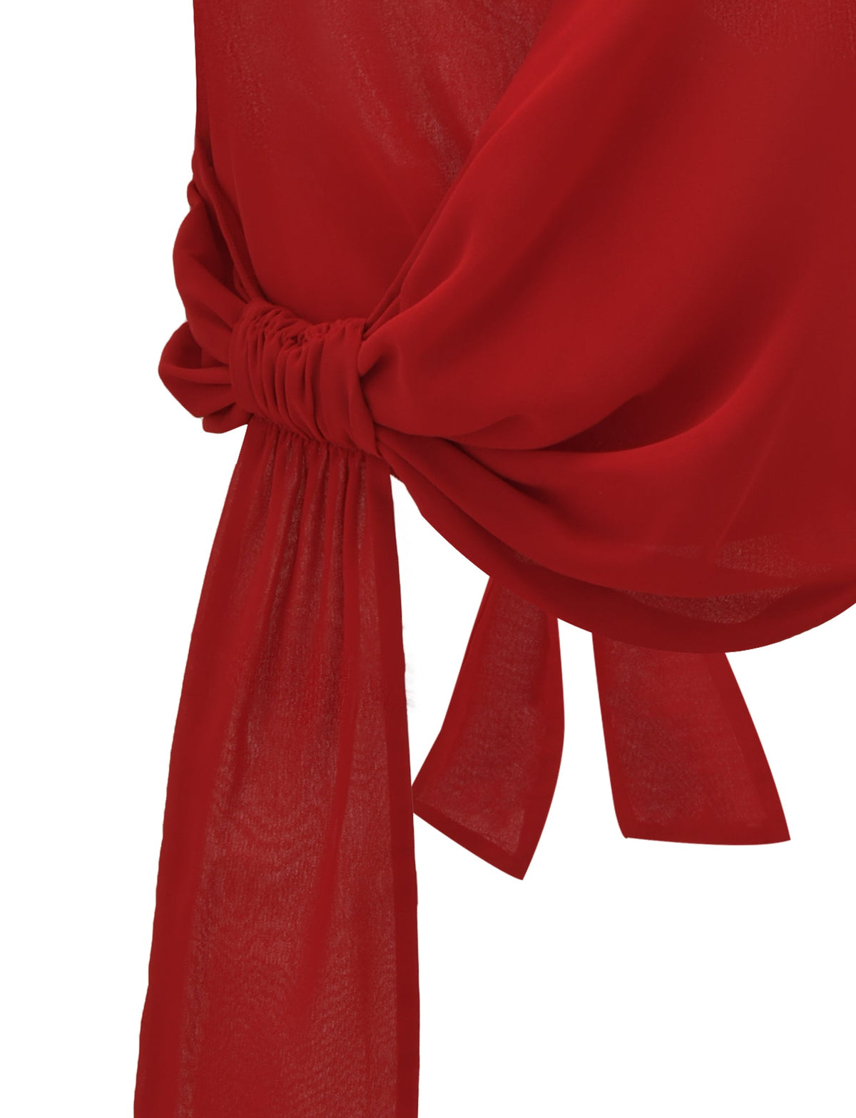 Close-up of the TIGERMIST INDIGO TOP - RED, a sheer red chiffon halter top featuring a smooth, elegant texture and flowing, adjustable halter neckline tied in a bow.