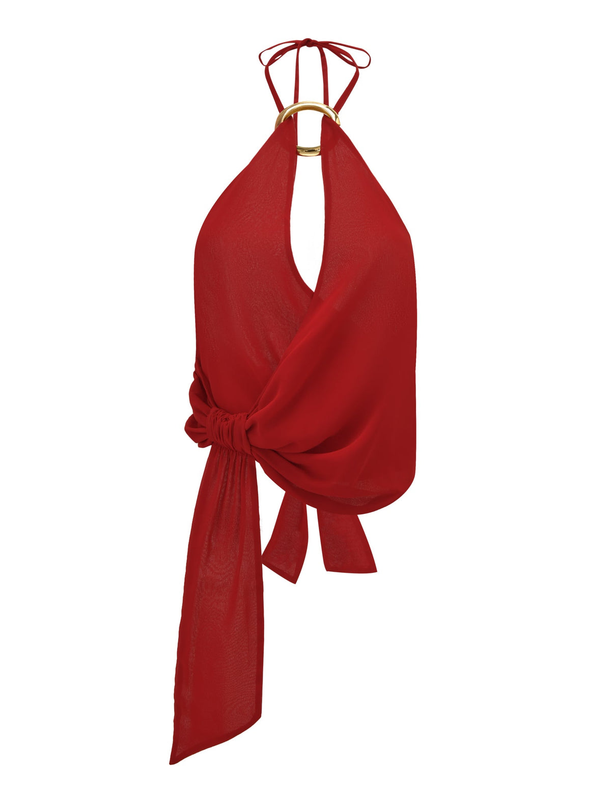 The INDIGO TOP - RED by TIGERMIST is a sleeveless red halter neck chiffon top with a gold ring at the neckline and an asymmetrical waist tie. Its adjustable design and semi-sheer, lightweight fabric provide both comfort and elegance.