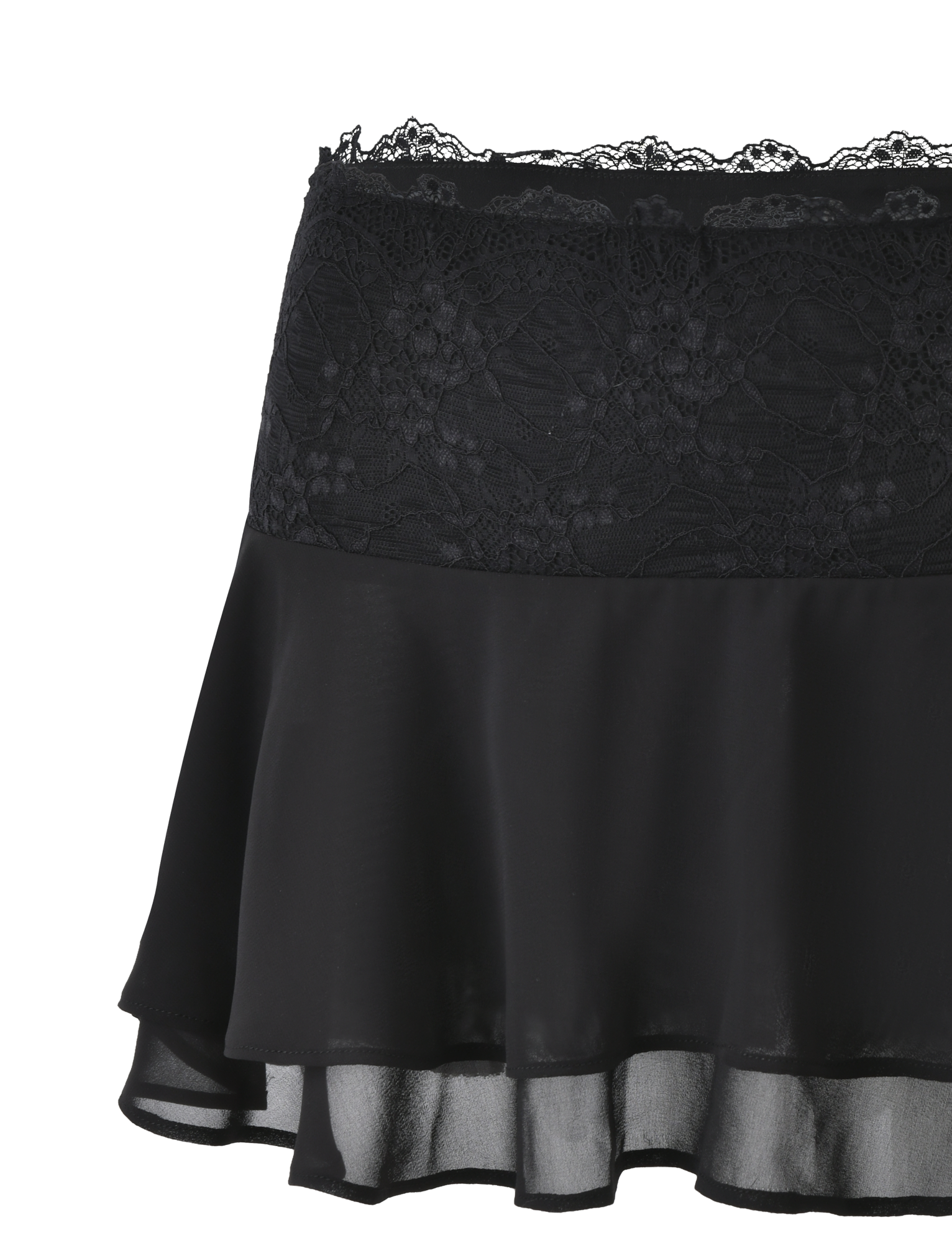 The INDIGO SKIRT - BLACK by TIGERMIST features a wide lace waistband, semi-sheer black chiffon, and a flowy layered hem for a stylish, feminine look that blends lace and chiffon textures.
