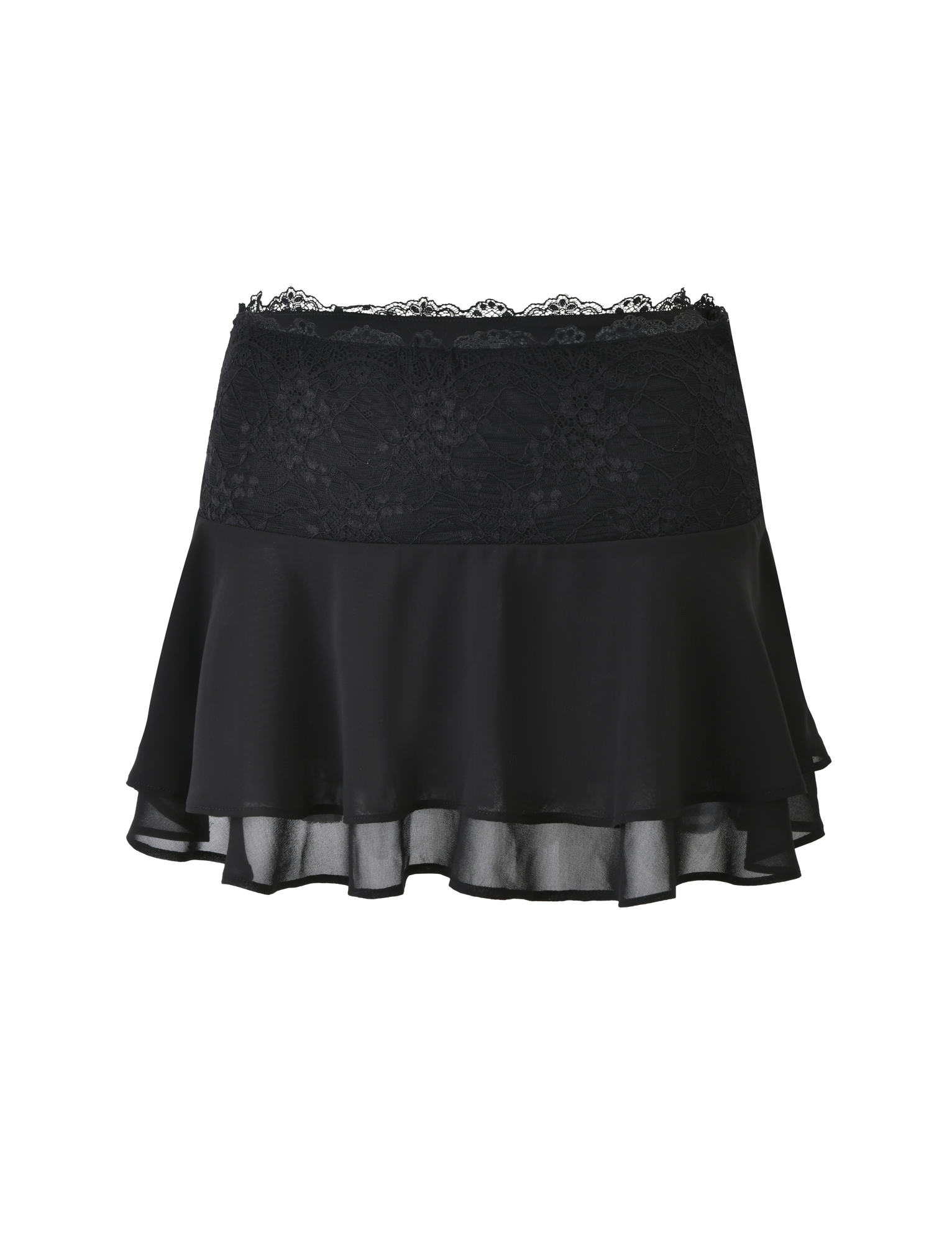 The INDIGO SKIRT - BLACK by TIGERMIST is a black chiffon mini skirt with a wide lace waistband and a double-layered, sheer, ruffled hem.