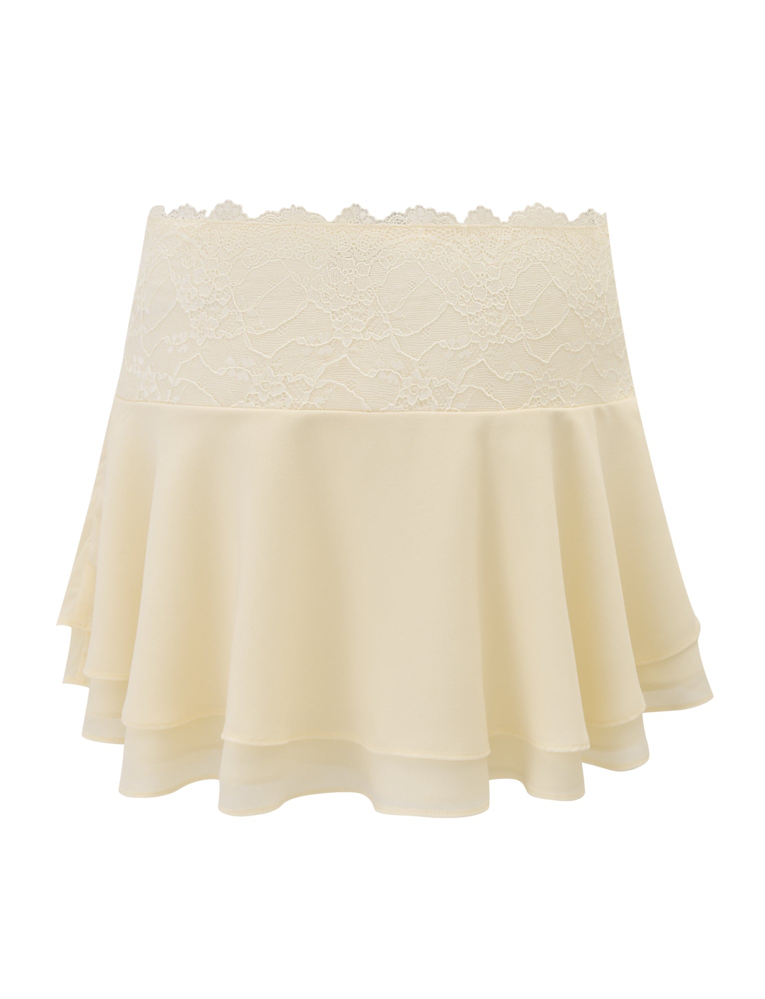 The TIGERMIST INDIGO SKIRT in ivory features a lace-patterned waistband and a flowing, tiered hem, shown on a white background.