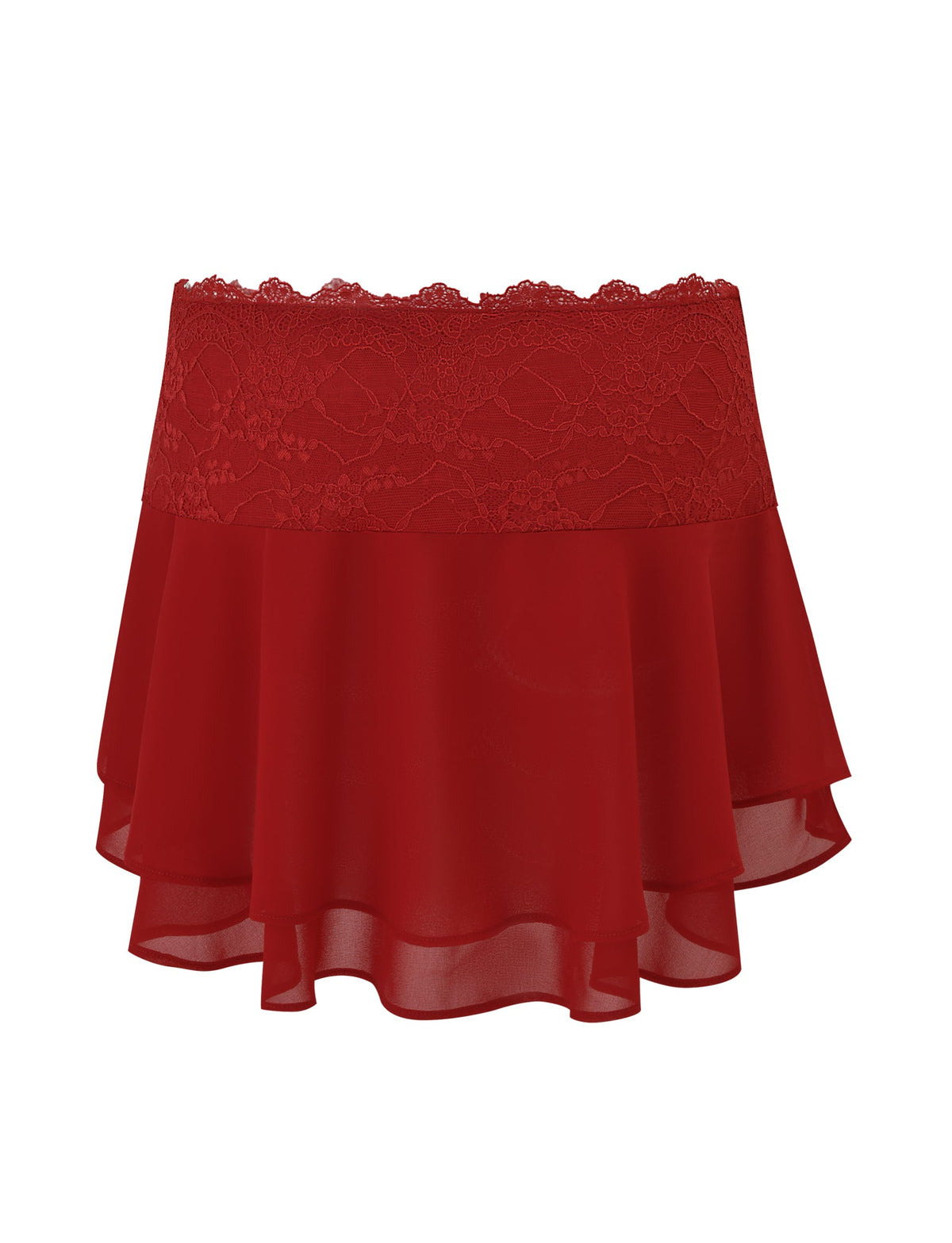 The INDIGO SKIRT - RED by TIGERMIST is a short, layered red chiffon mini skirt with a wide lace waistband, scalloped top edges, and a tiered, flowy flared design for a playful yet elegant look.