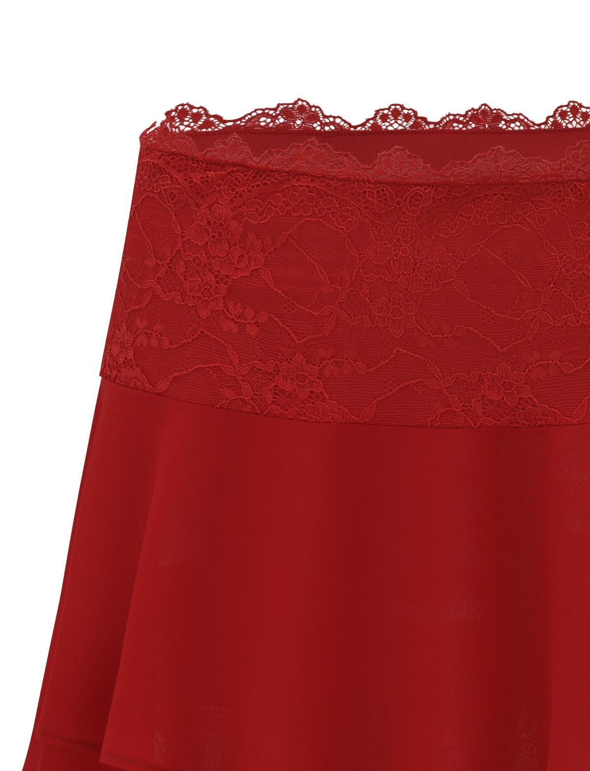 Close-up of the INDIGO SKIRT - RED by TIGERMIST, a red chiffon mini skirt with a wide scalloped lace waistband and smooth, flowing fabric.