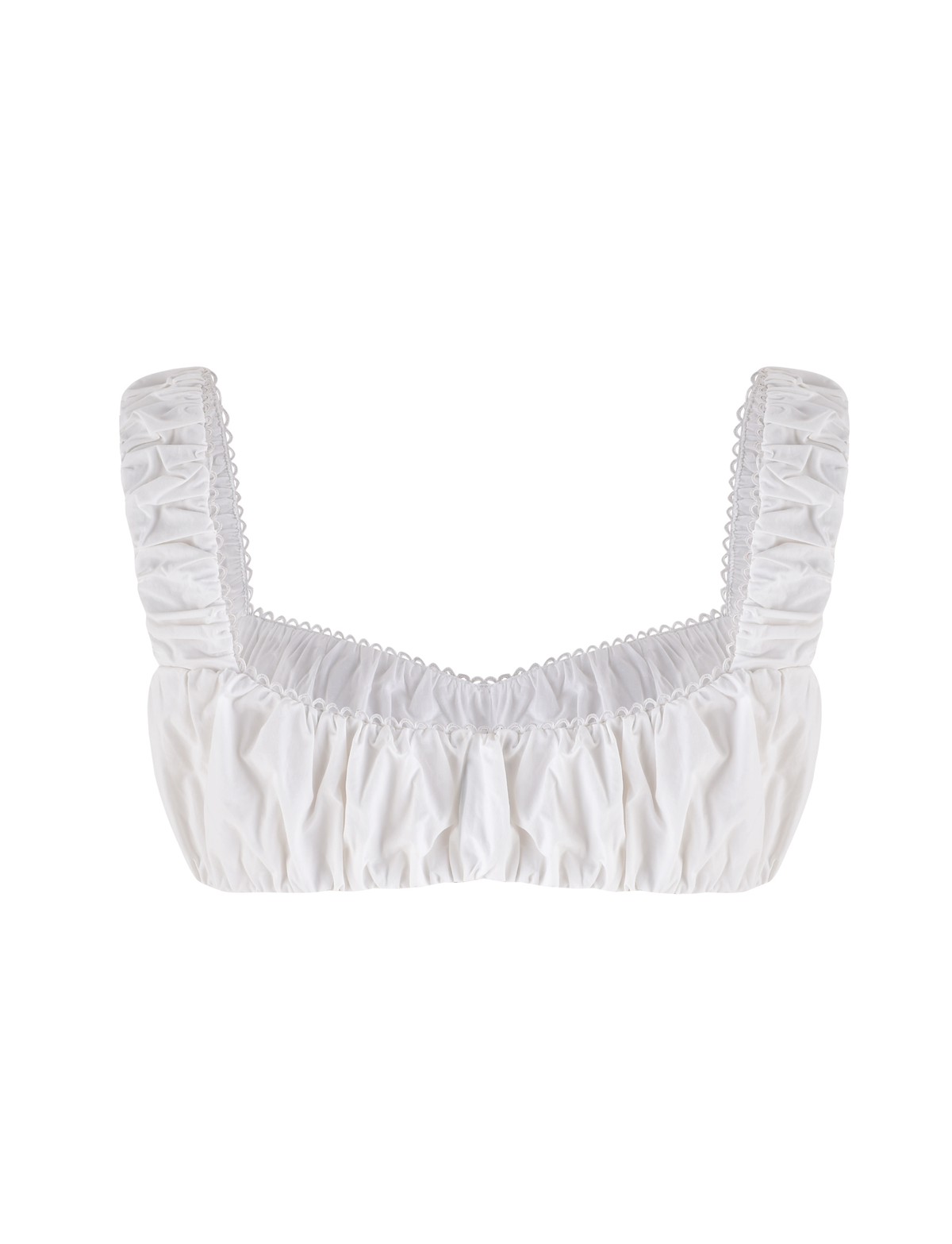 The SABRA TOP - WHITE by TIGERMIST is a ruched, cotton cropped top featuring wide gathered straps, eyelet details, and a square neckline, shown laid flat on a plain white background.