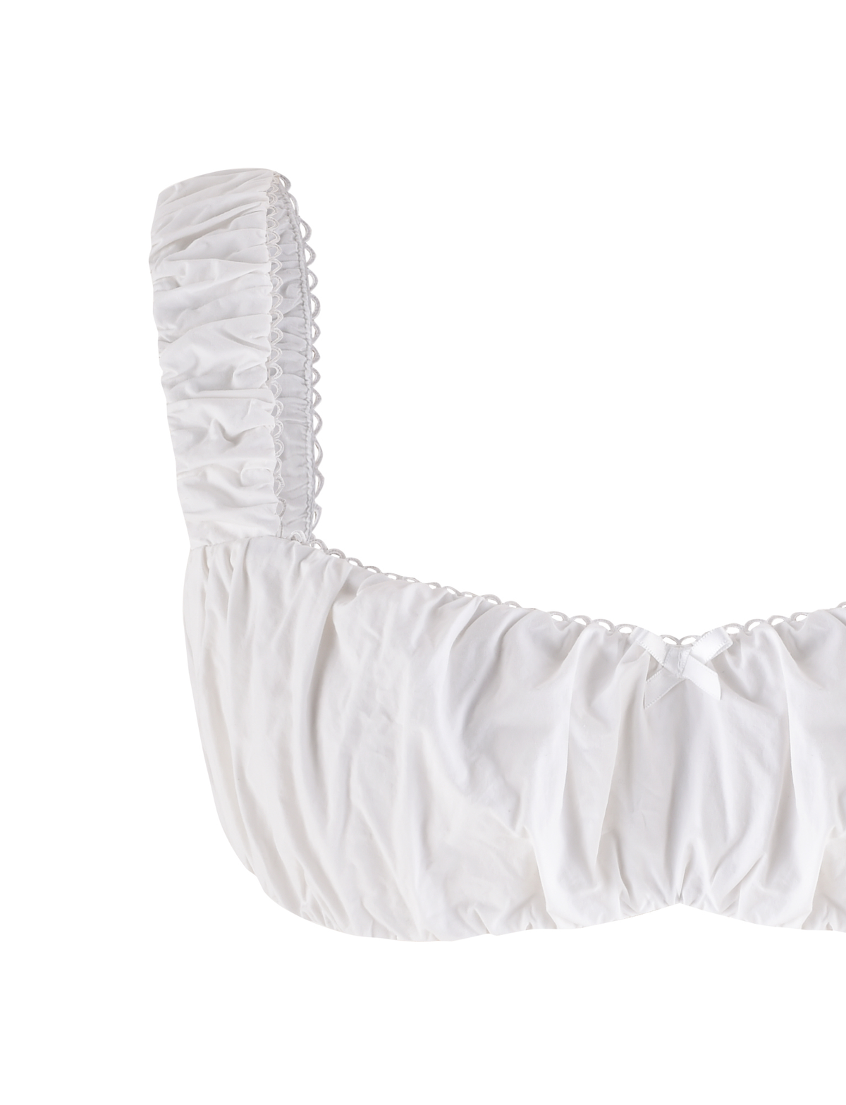 The SABRA TOP - WHITE by TIGERMIST is a white cotton cropped top with ruched fabric, thick gathered straps, a ruffled neckline, and a soft wrinkled texture for effortless style.