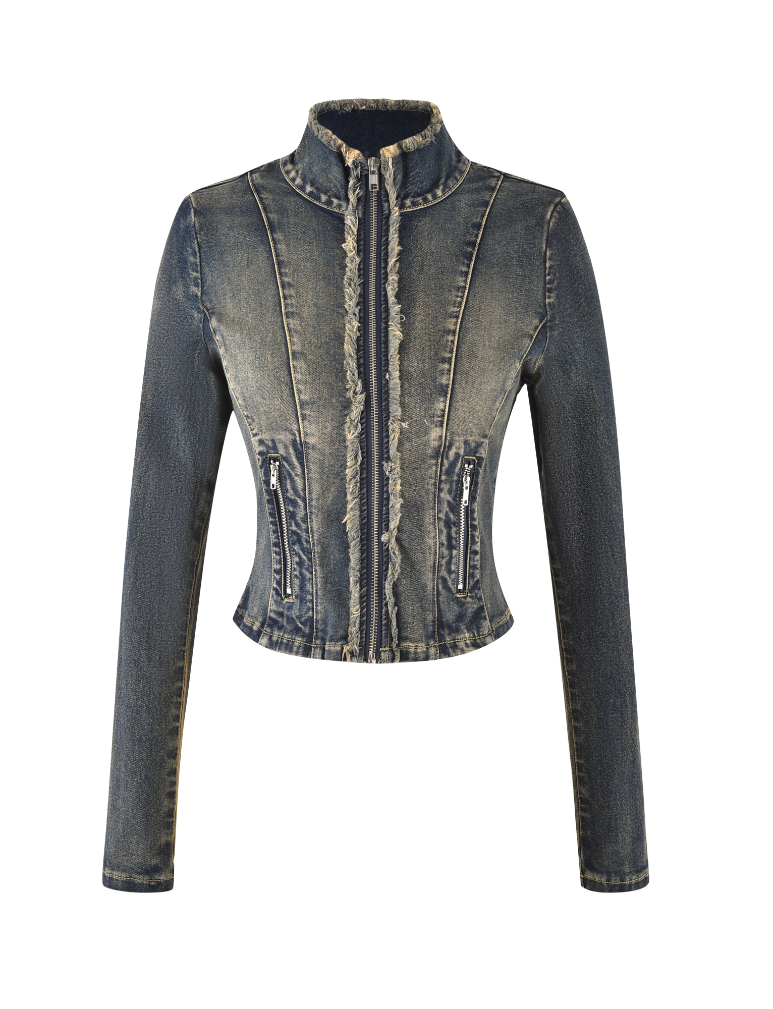 The TIGERMIST OPHELIE JACKET in Denim Blue features a vintage wash, long sleeves, front zipper, high collar, vertical stitching, frayed trim at the zipper and hem, and two zippered waist pockets.