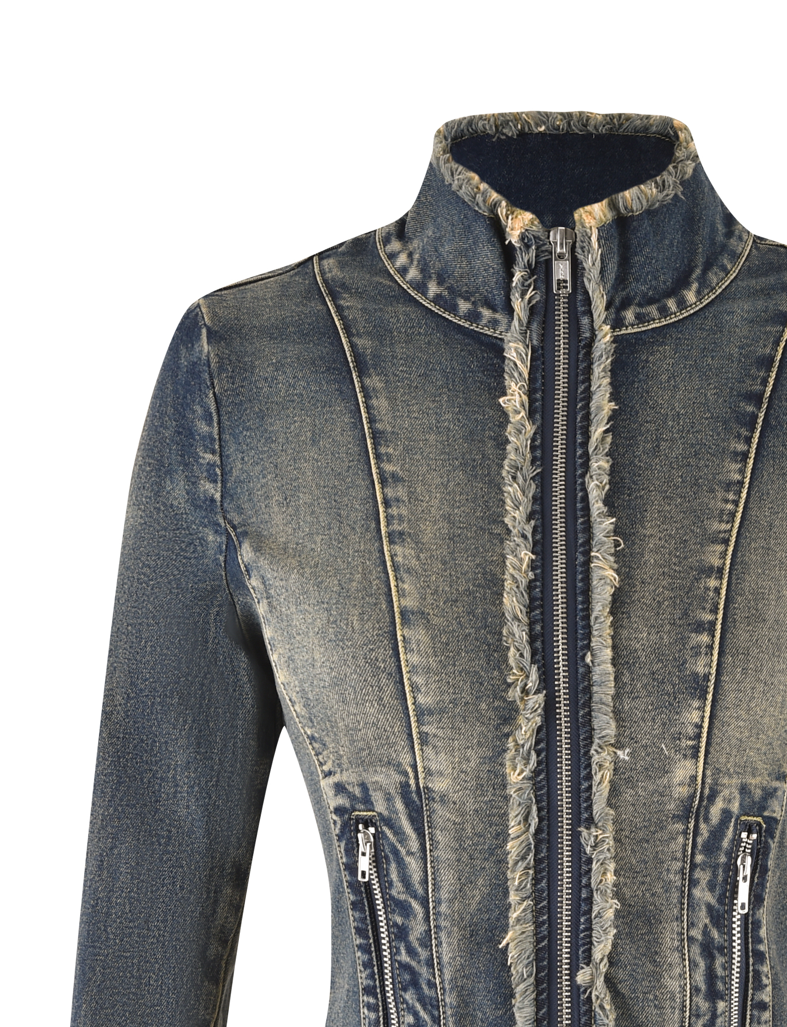 A close-up of the TIGERMIST OPHELIE JACKET in denim blue, featuring a high collar, exposed front zipper, frayed seams, two front zippered pockets, and a vintage faded wash with distressed detailing.