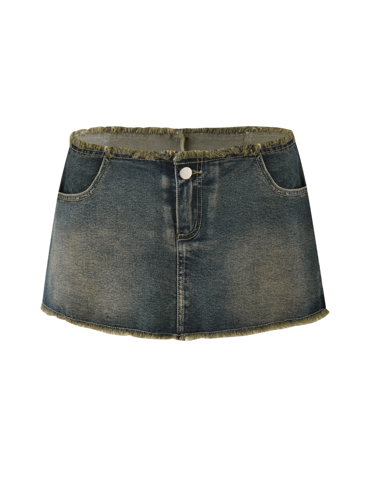 The TIGERMIST OPHELIE MINI SKORT in denim blue is a low rise skort with a frayed hem, front button, zipper, and two front pockets, displayed on a white background.