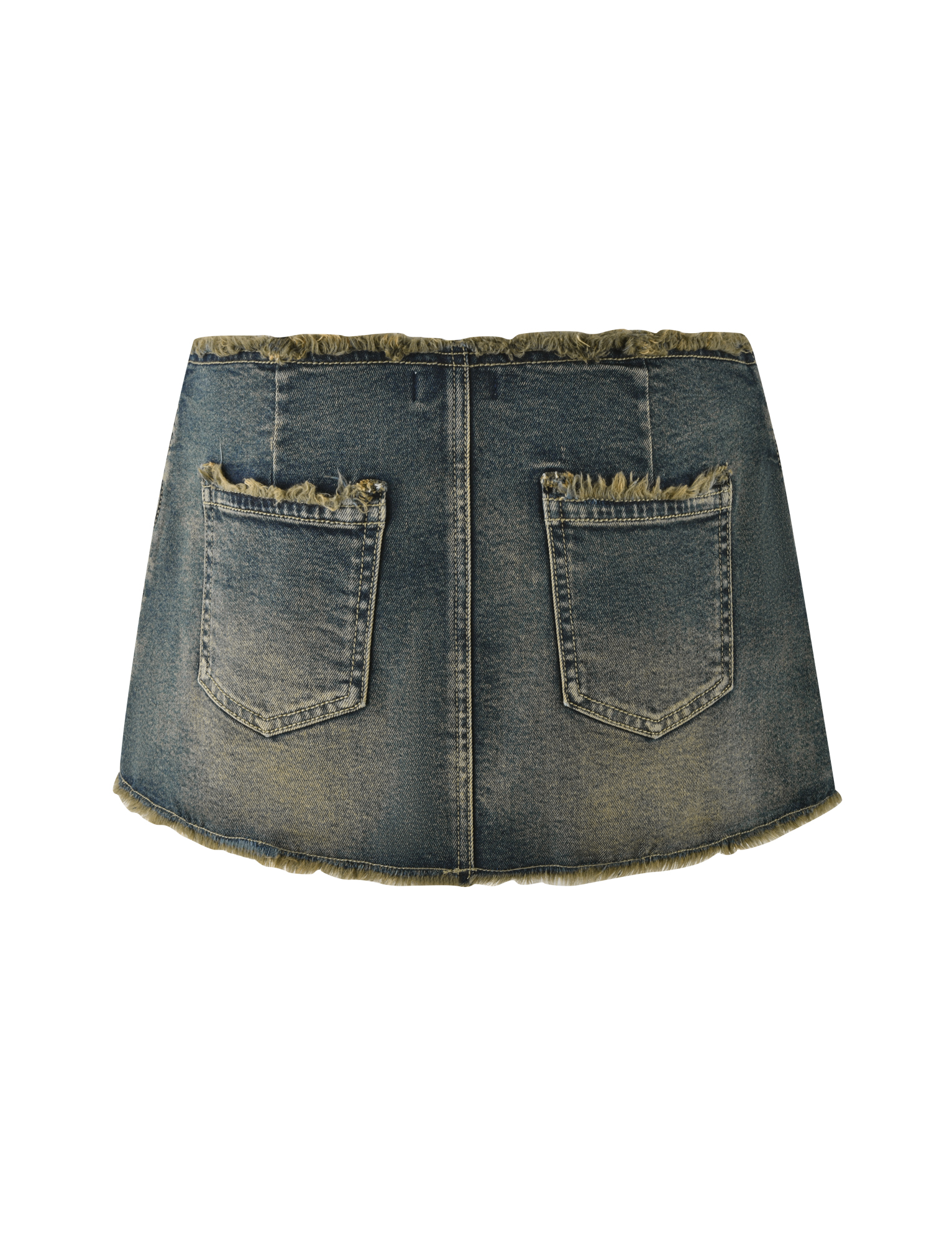 The TIGERMIST OPHELIE MINI SKORT in denim blue features a distressed finish, frayed edges, relaxed fit, and two back pockets, shown on a white background.