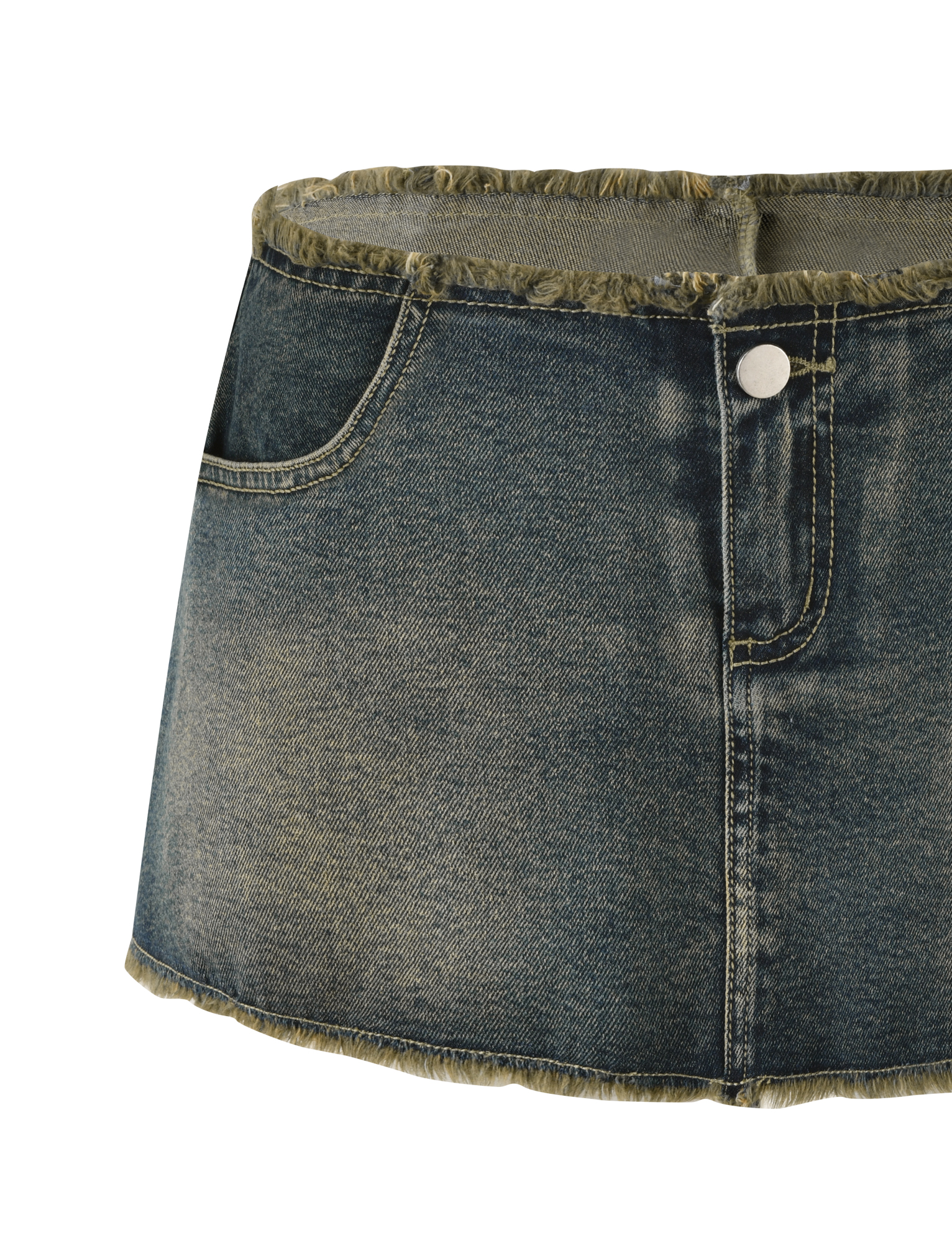 The OPHELIE MINI SKORT - BLUE by TIGERMIST is a short, frayed denim skort with a relaxed fit, front pocket, silver button, and yellow stitching, displayed on a white background.