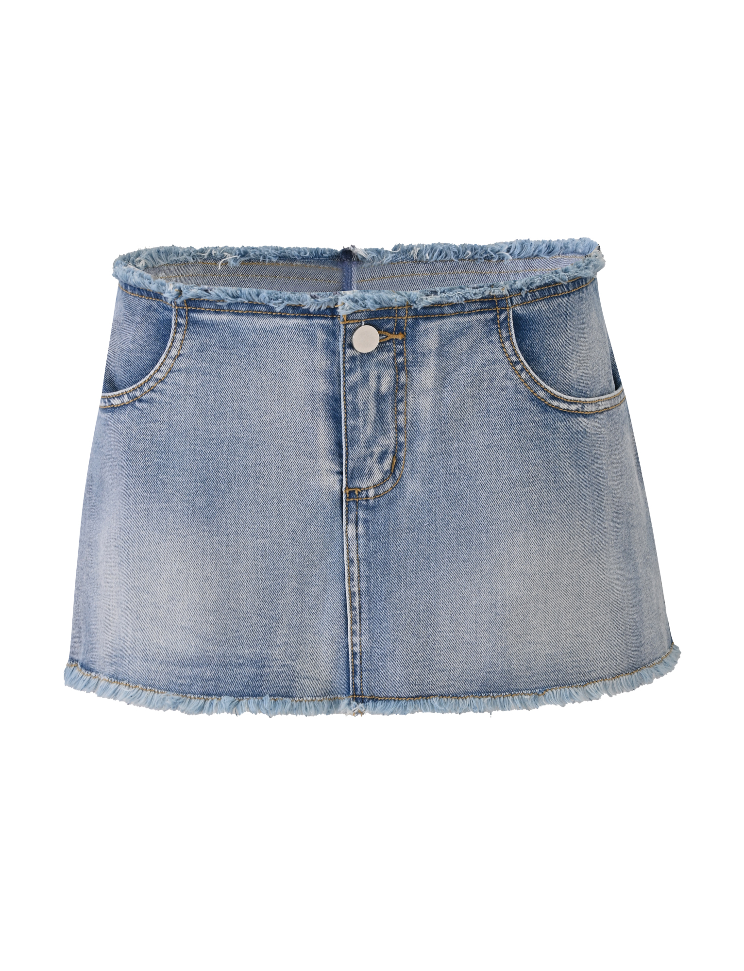 The OPHELIE SKORT - DENIM by TIGERMIST is a light blue stretch denim mini skort featuring front pockets, button closure, faded detailing, and a frayed hem and waistband for a casual, unfinished look.
