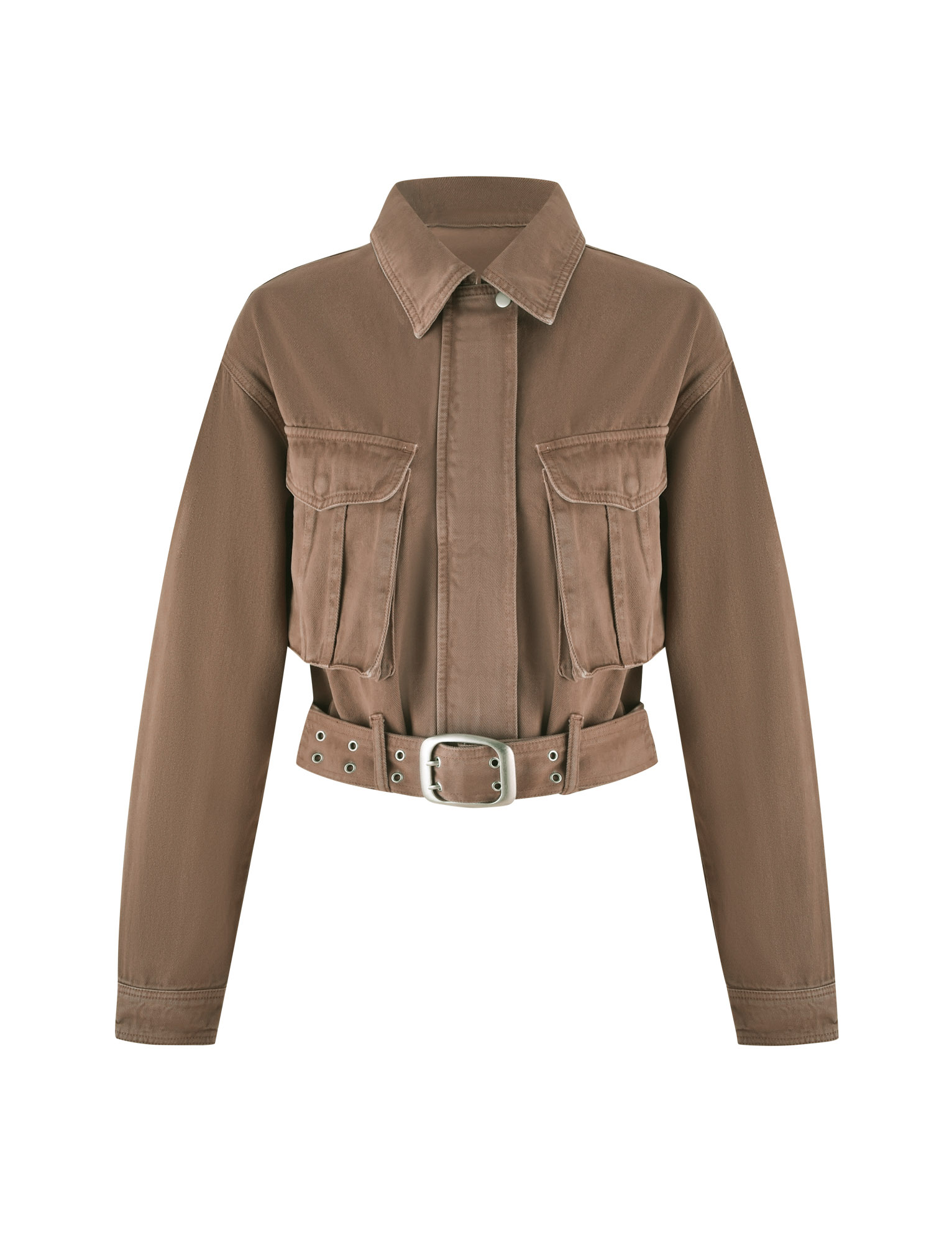 The ZELIE JACKET - NEUTRAL : SANDBLAST : WASHED TAN by TIGERMIST is a structured cotton drill cropped utility jacket with long sleeves, two chest pockets, a collar, snap closure, and a wide belted waist with silver buckle.