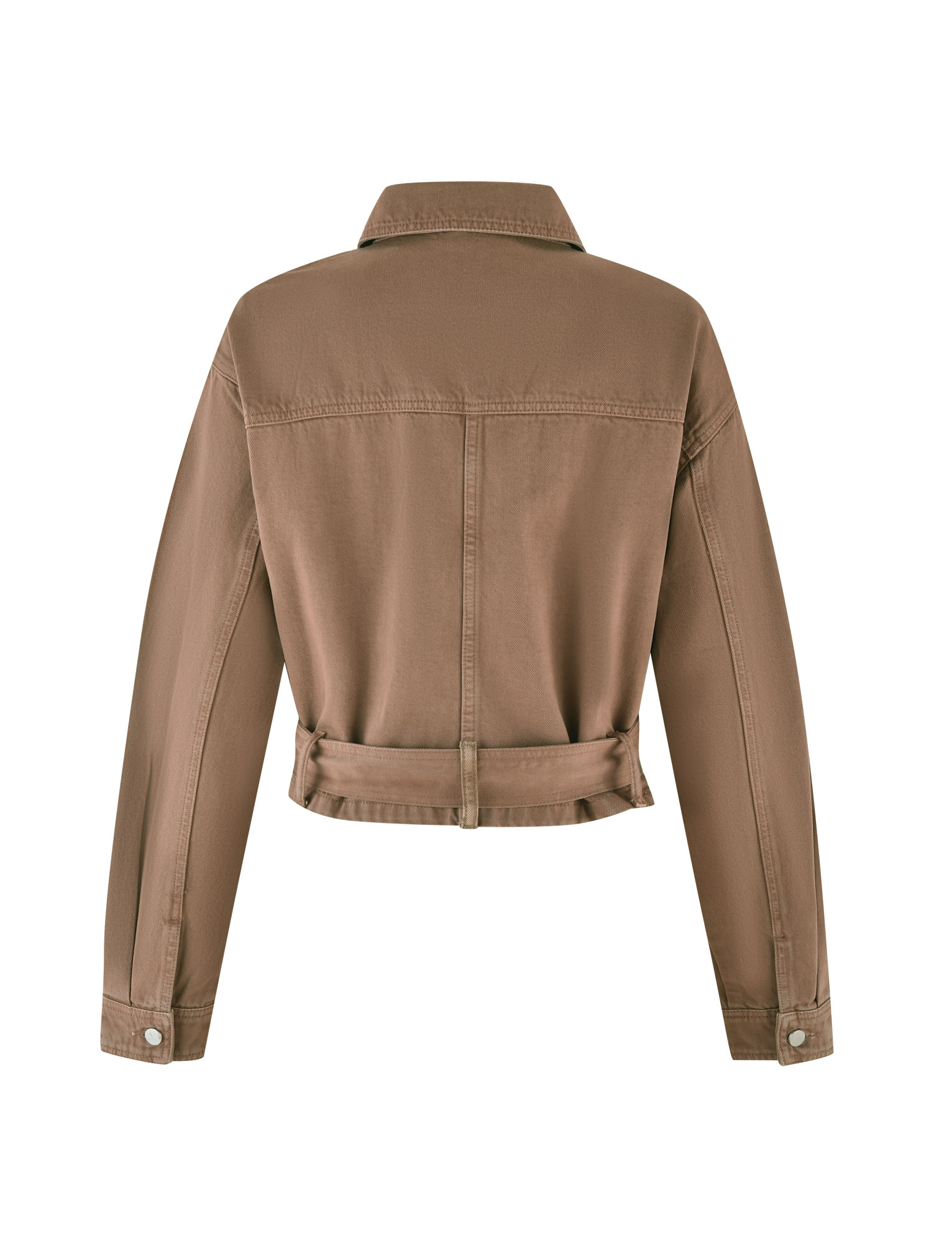 The ZELIE JACKET by TIGERMIST in Washed Tan features a cropped utility design with long sleeves, buttoned cuffs, classic collar, snap closure, and adjustable waist tabs, shown from the back.