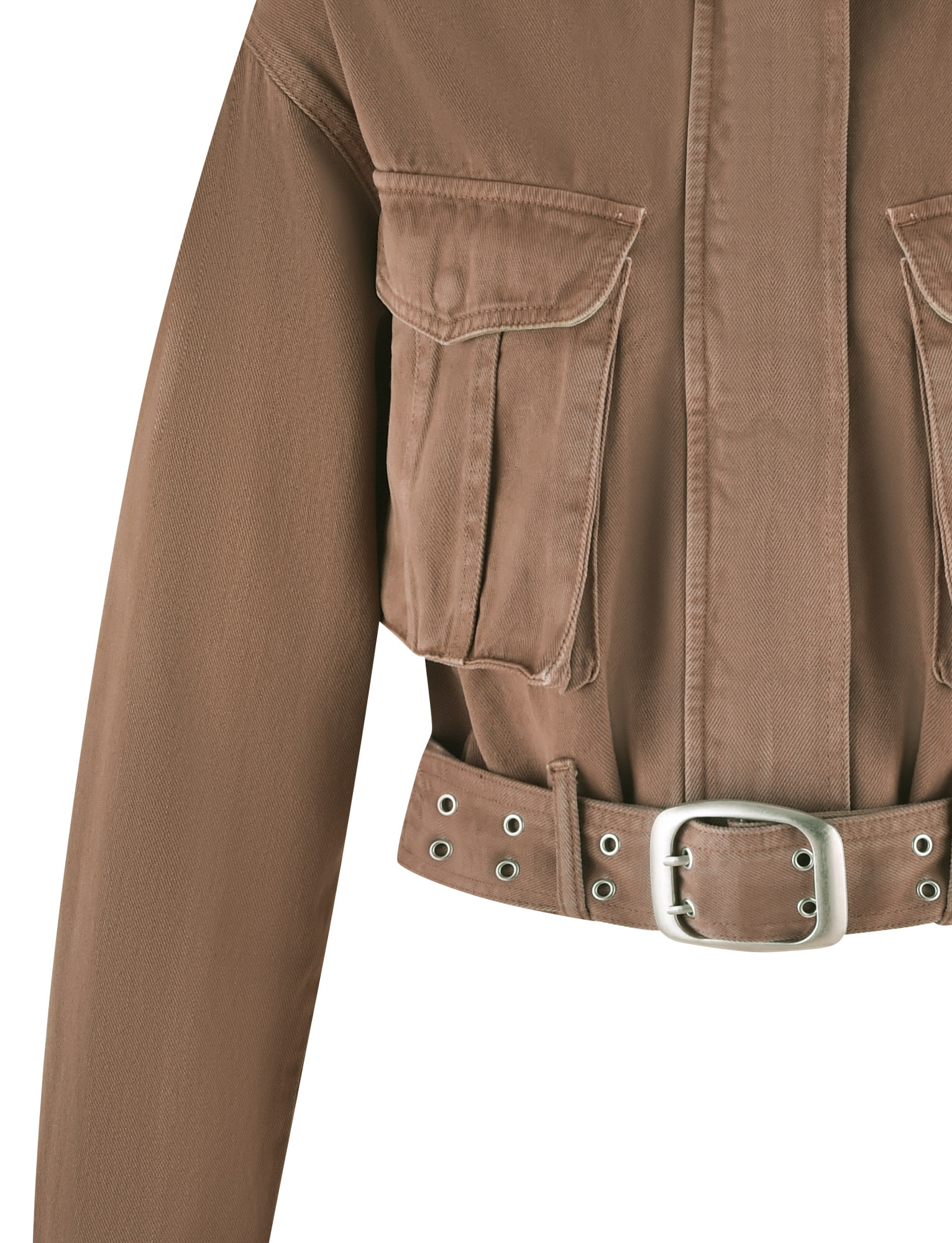 Close-up of the TIGERMIST ZELIE JACKET - NEUTRAL : SANDBLAST : WASHED TAN, featuring flap chest pockets, snap closure, and a silver-buckled waist belt. Only the upper body is shown against a white background.