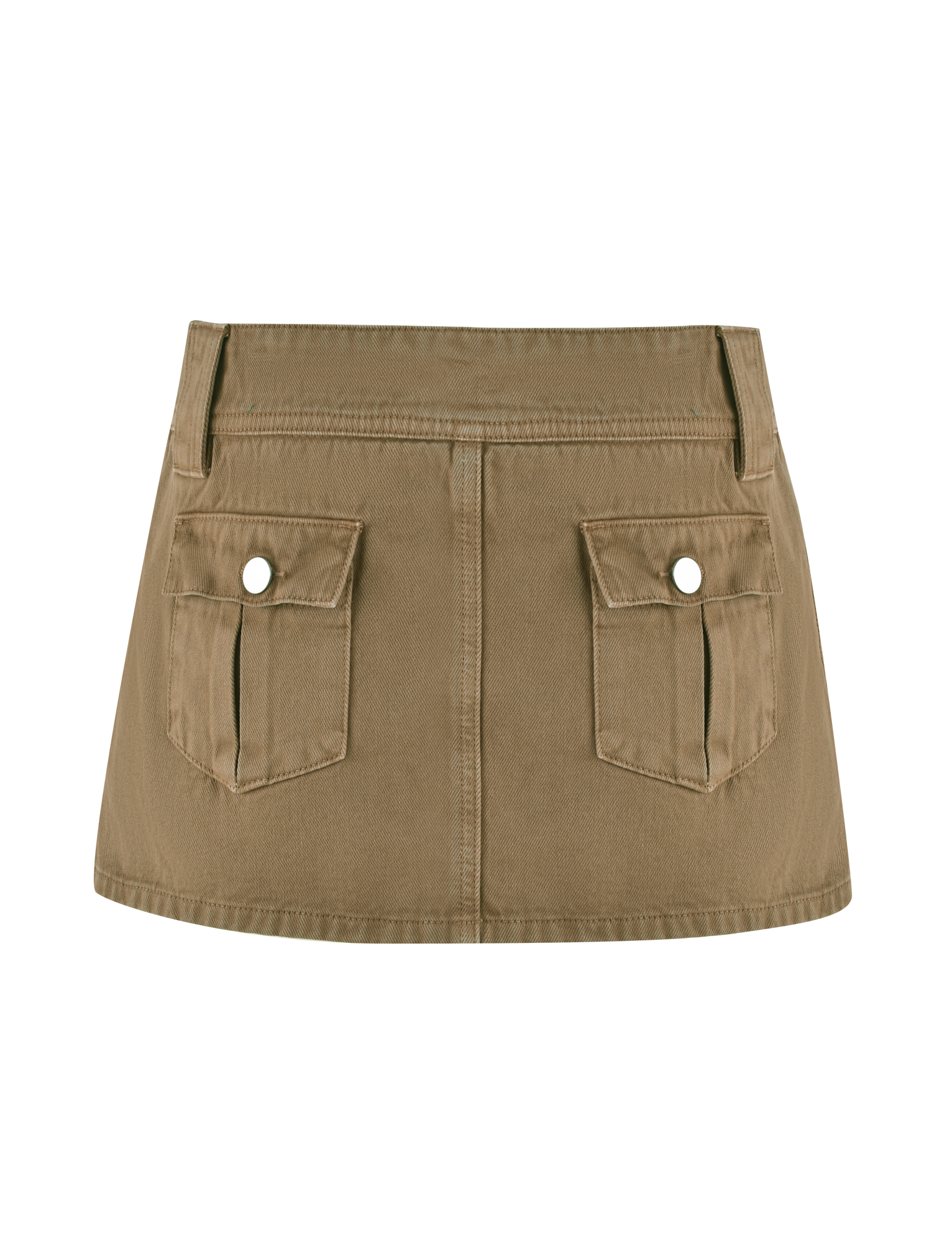 The ZELIE MINI SKORT by TIGERMIST in washed tan features a sandblast finish, two front flap pockets with silver buttons, hip pockets, belt loops, and visible stitching for a casual utilitarian look.