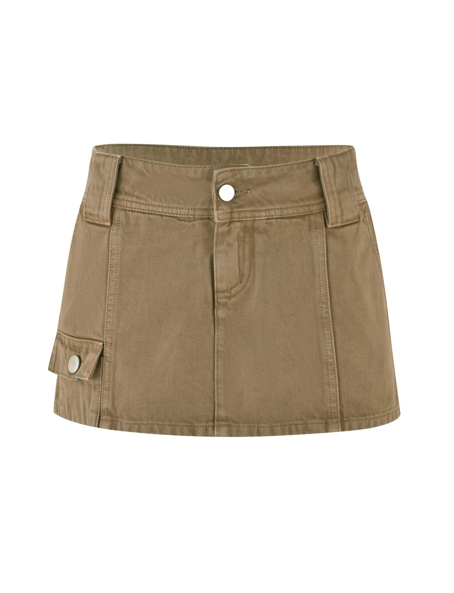 The TIGERMIST ZELIE MINI SKORT in Washed Tan features a front button and zip, wide waistband with belt loops, visible seam details, and a small side flap pocket for a stylish utility look.