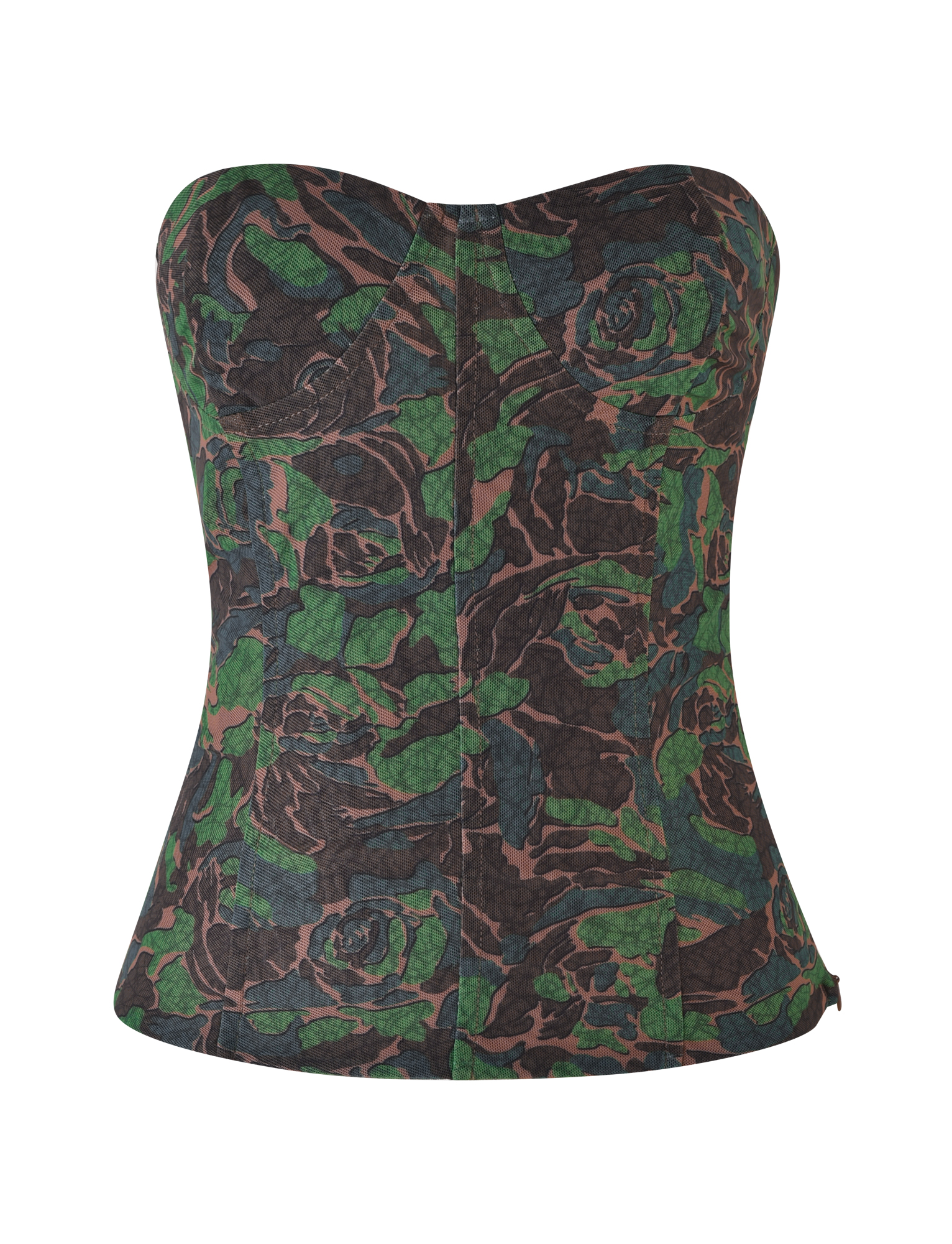 The TIGERMIST DULCE CORSET - GREEN : CAMO is a strapless, form-fitting top with a shaping bust and dark floral camo pattern, displayed against a plain white background.