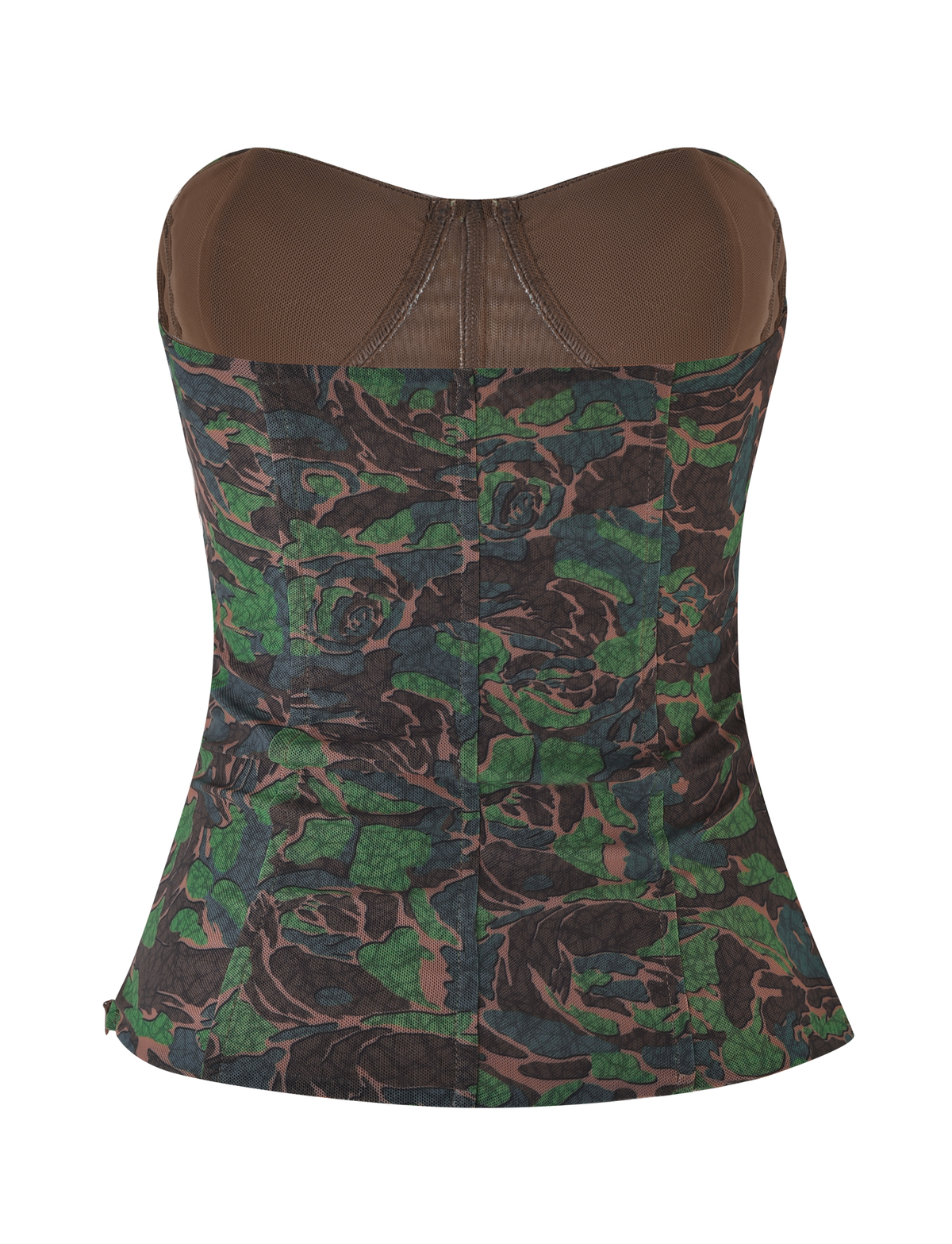 The DULCE CORSET - GREEN : CAMO by TIGERMIST is a strapless corset top featuring a structured fit, shaping bust, and dark green, brown, and blue camo-floral pattern with smooth back, visible stitching, and subtle seam lines.