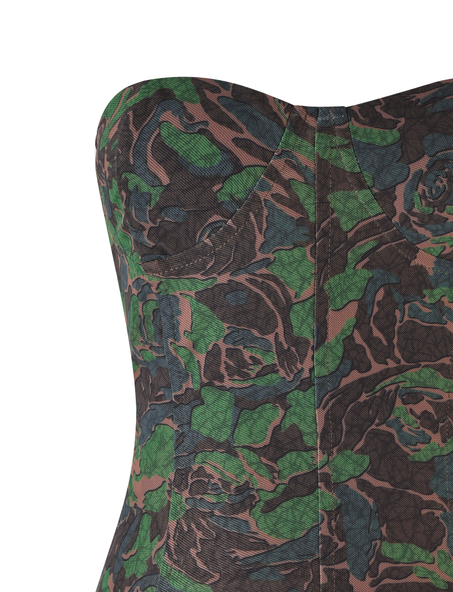 Close-up of the TIGERMIST DULCE CORSET - GREEN : CAMO, a green camo corset top with a unique shaping bust and visible stitching in green, brown, and black shades.