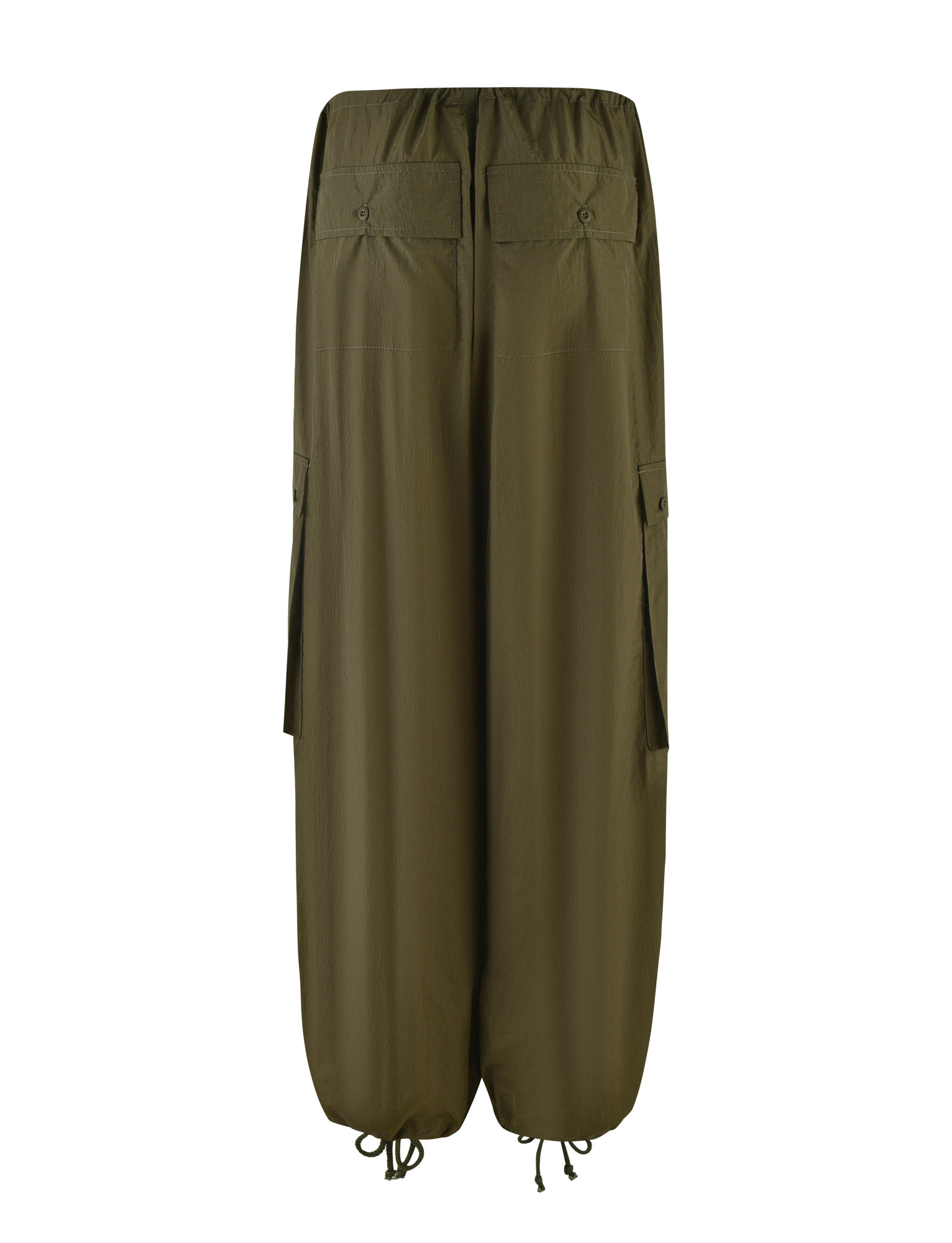 TIGERMIST VIOLETTE PANT in Khaki Green features an adjustable drawcord waist, back flap pockets, side pockets, and hem drawstrings for a custom fit. These loose, relaxed low-rise nylon pants combine comfort with effortless style.