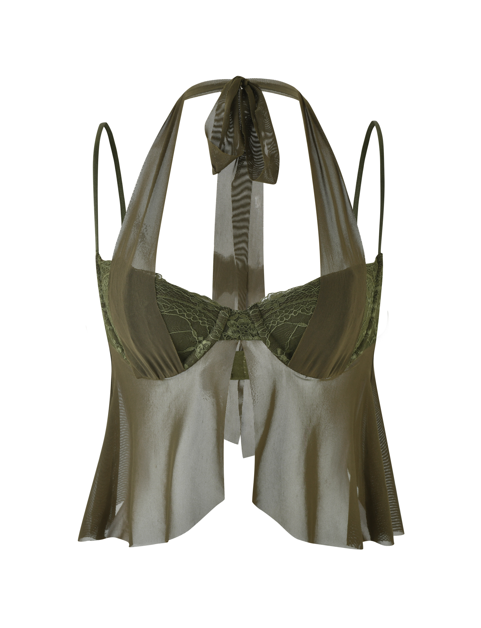 The ADELINA TOP by TIGERMIST in khaki green is a semi-sheer halter bralette with lace and mesh detailing, thin straps, bow tie neck closure, and a loose draped fit on the sides.