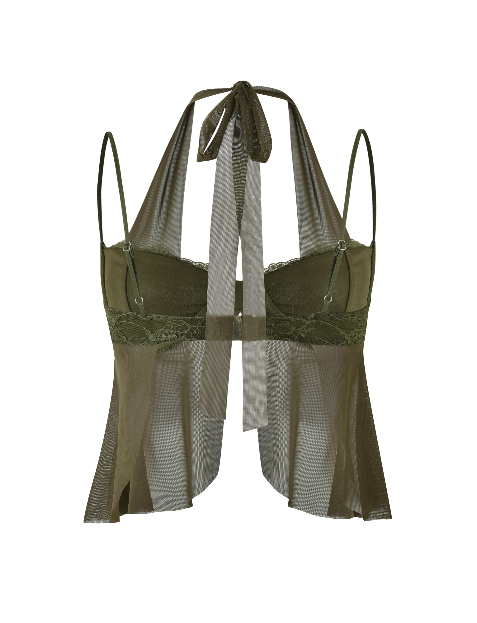 The TIGERMIST ADELINA TOP in khaki green features a sheer lace design, halter neck with back bow tie, thin shoulder straps, and flowing semi-transparent panels.