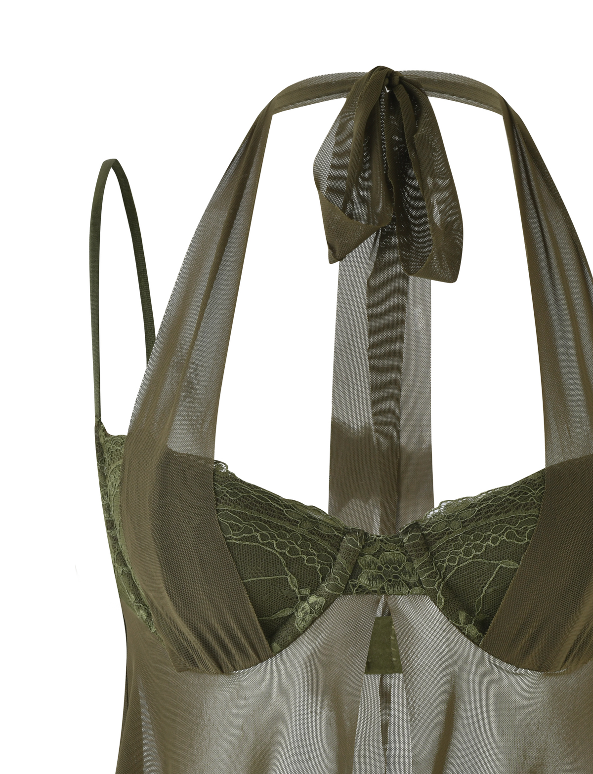 The ADELINA TOP by TIGERMIST in khaki green features a halter neck, lace cups, elegant mesh details, a ribbon neck tie, and combines satin and lace fabrics for a feminine look.