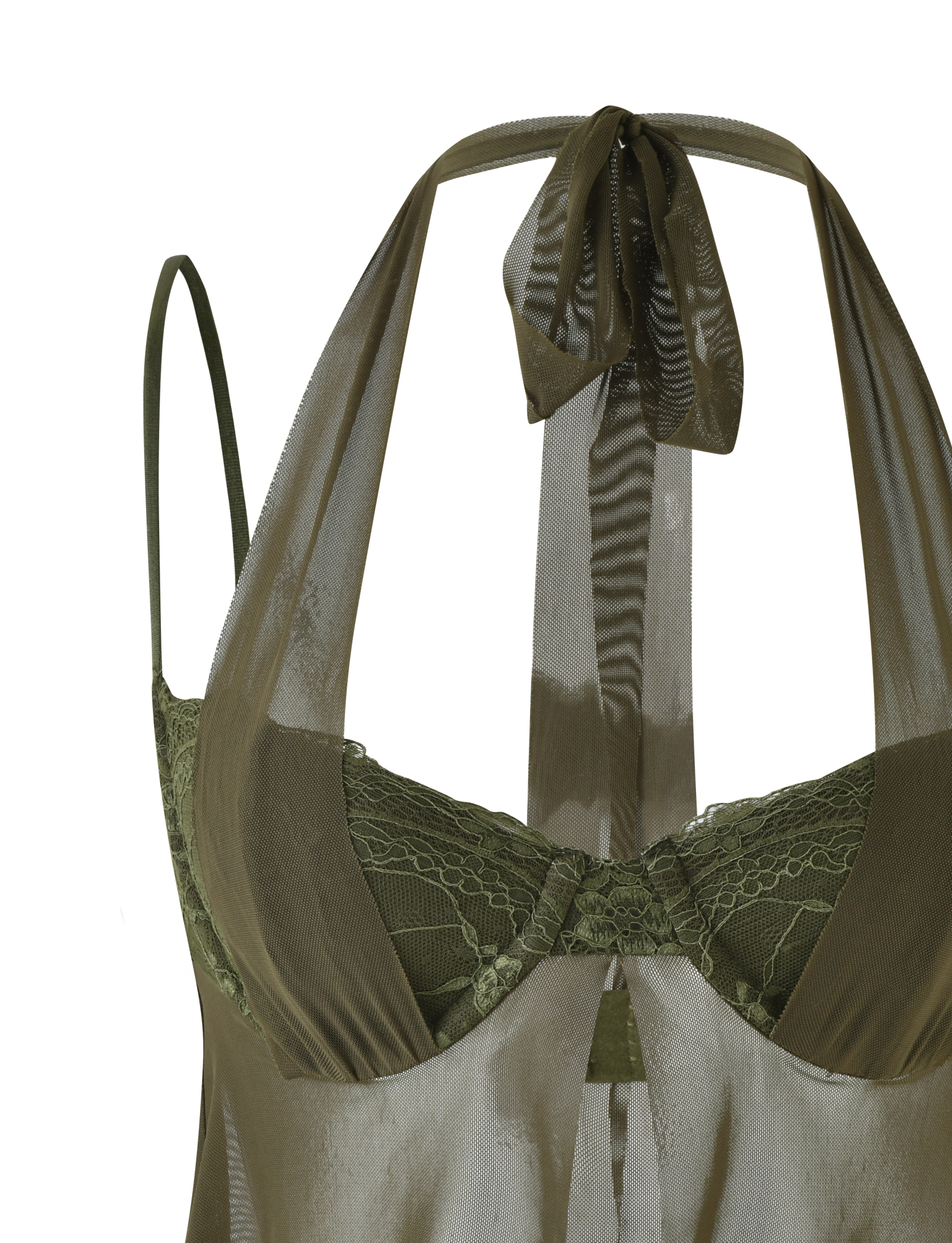 The ADELINA TOP by TIGERMIST in khaki green features a halter neck, lace cups, elegant mesh details, a ribbon neck tie, and combines satin and lace fabrics for a feminine look.