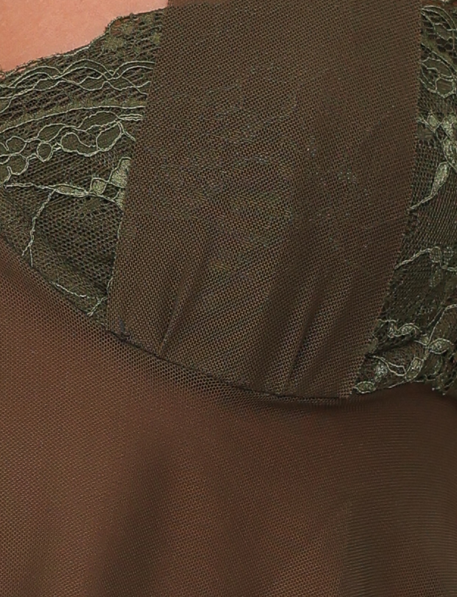 A close-up of the TIGERMIST ADELINA TOP in Khaki Green showcases the textured fabric, precise stitching, and intricate lace detailing at the top.