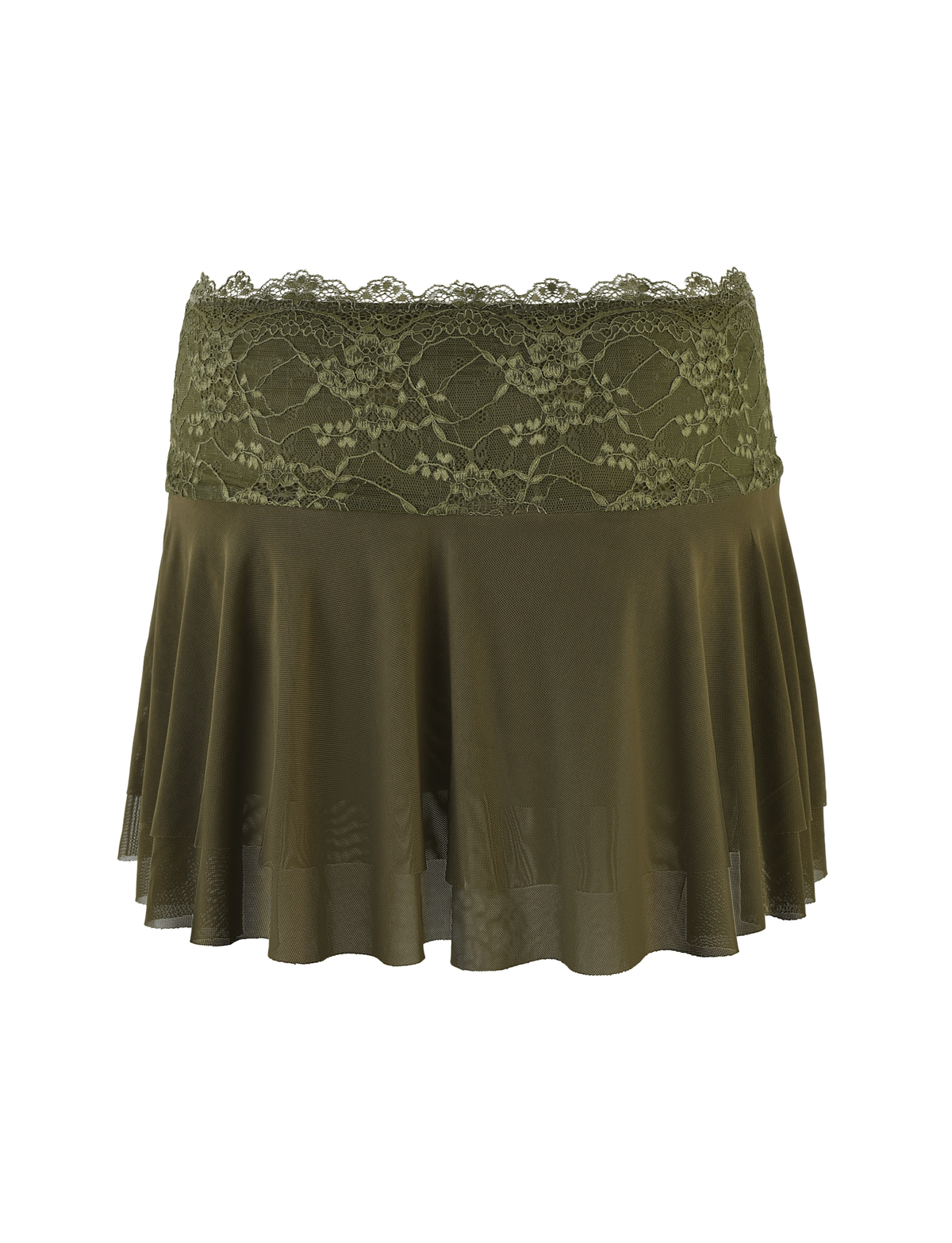 The TIGERMIST ADELINA MINI SKIRT in khaki green features a lace waistband, flared satin-like high-stretch fabric, and is shown against a white background.