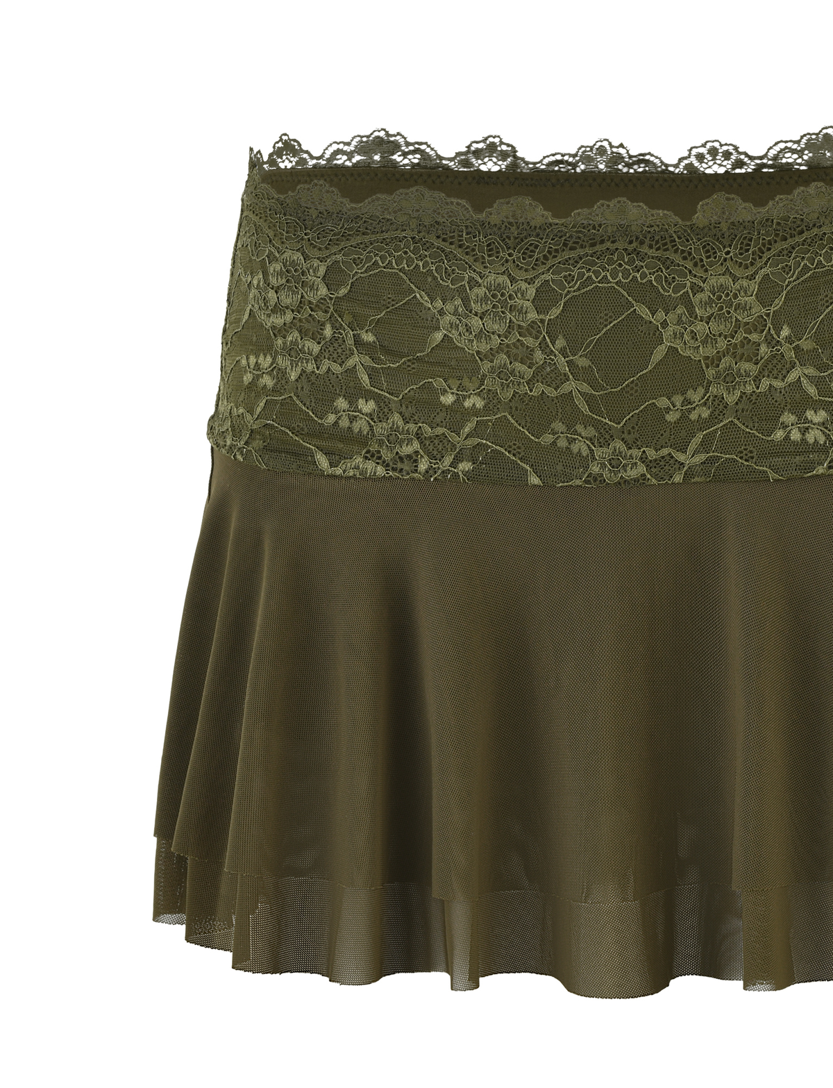 The TIGERMIST ADELINA MINI SKIRT in khaki green and ivory features lace trim, a wide lace waistband, and a flared hem. Made from high-stretch fabric for comfort, its delicate lace adds a feminine touch.