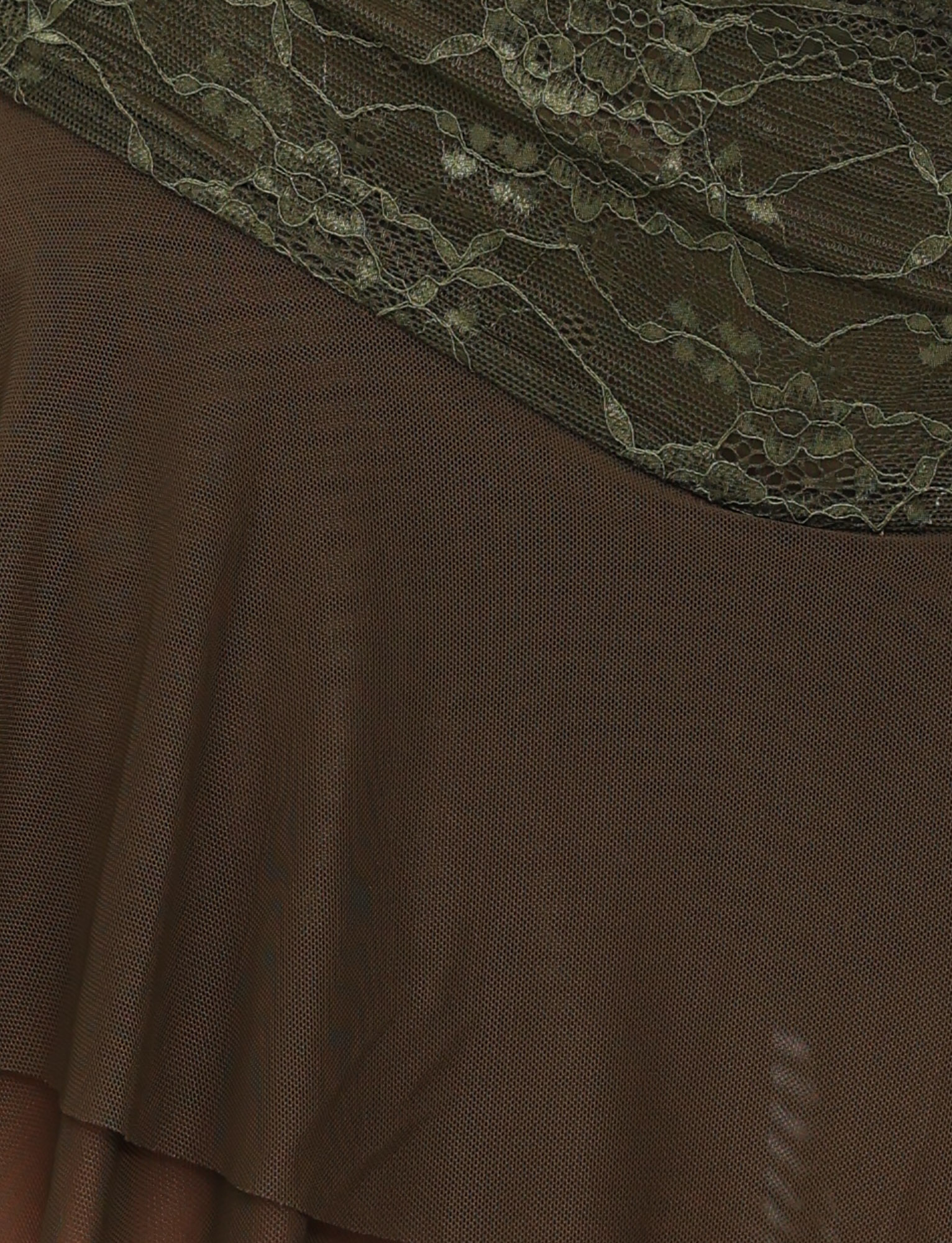 Close-up of the TIGERMIST ADELINA MINI SKIRT in khaki green and ivory, featuring a delicate green floral lace overlay and sheer brown mesh for a chic, textured effect.