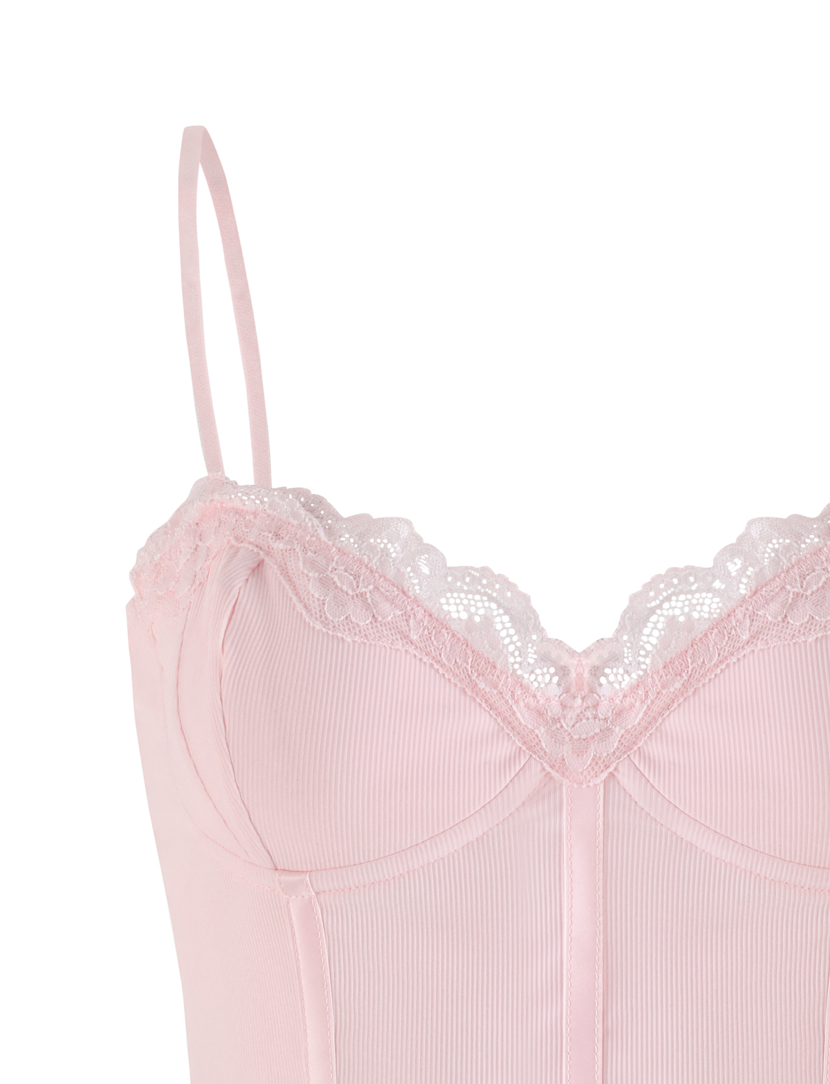 Close-up of the TIGERMIST NILA CORSET TOP in soft pink, featuring lightweight jersey fabric, lace-trimmed neckline, thin adjustable straps, and subtle vertical ribbing for a feminine look.