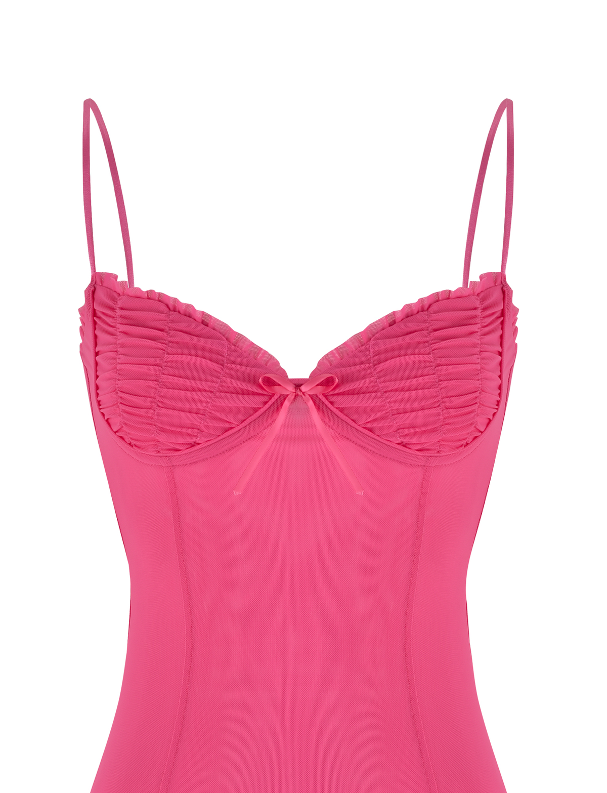 Layer the TIGERMIST KAIRI MINI DRESS - PINK : FUSCHIA over a pink camisole with spaghetti straps, ruched bust, and a center bow for a stylish look.
