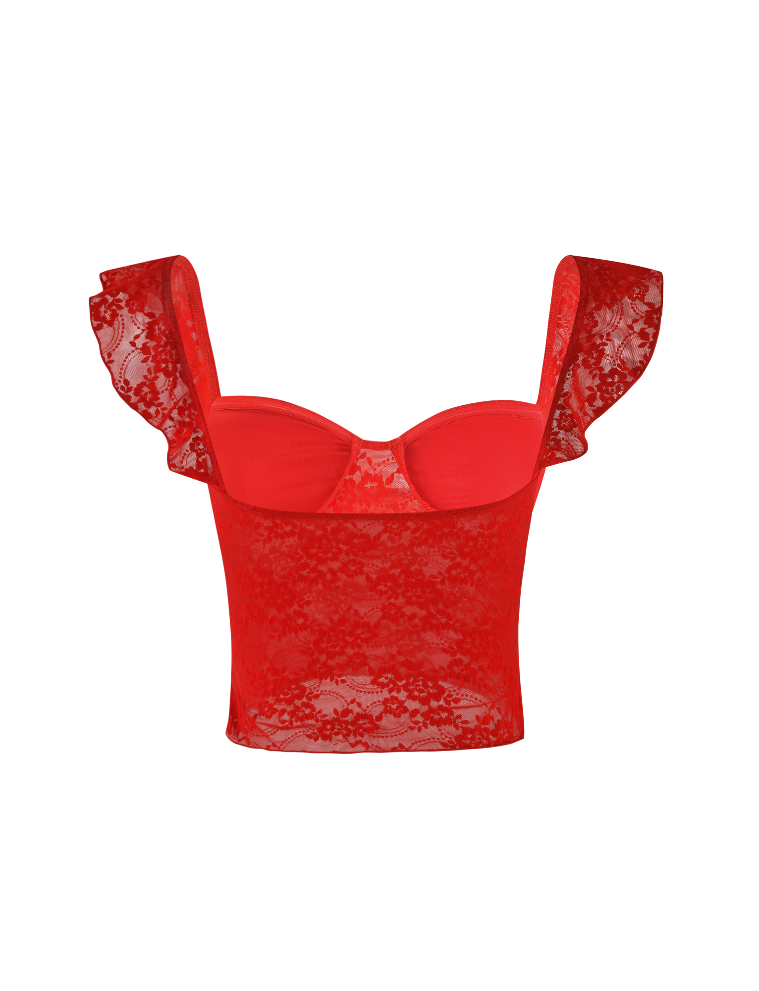 The LORNA TOP - RED by TIGERMIST is a bright red lace crop top with frilled cap sleeves and a sweetheart neckline, featuring a sheer floral lace bodice. Displayed on a plain white background.