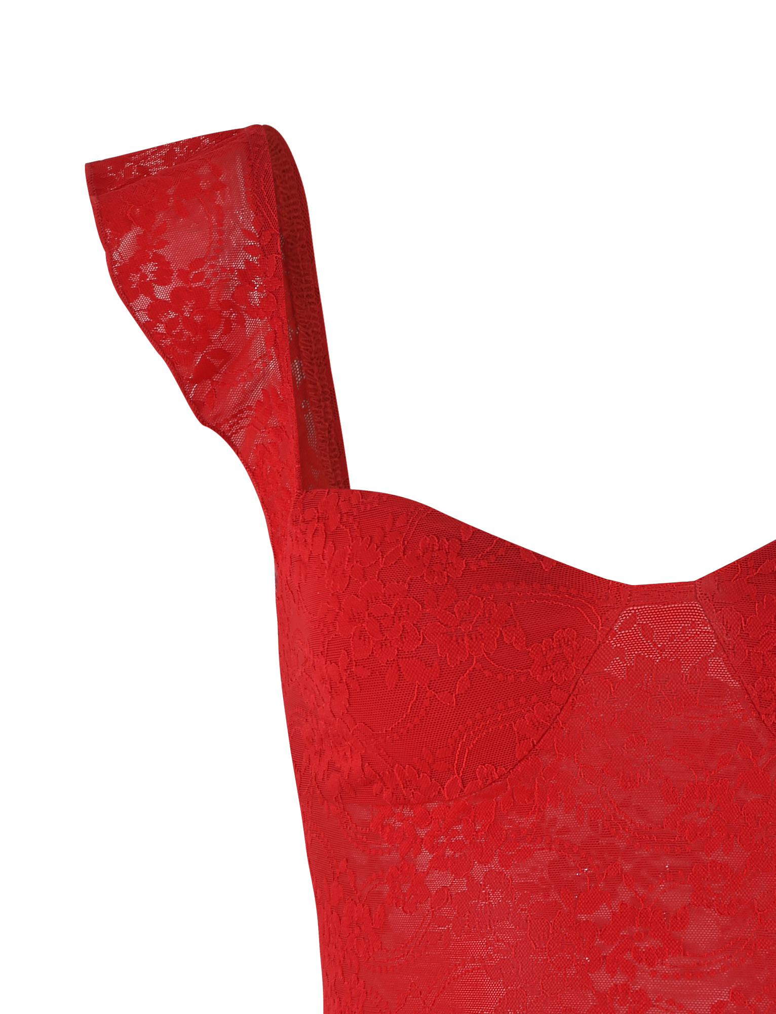 Close-up of the upper part of the TIGERMIST LORNA TOP - RED, a sleeveless lace top featuring a sweetheart neckline and thick shoulder straps.