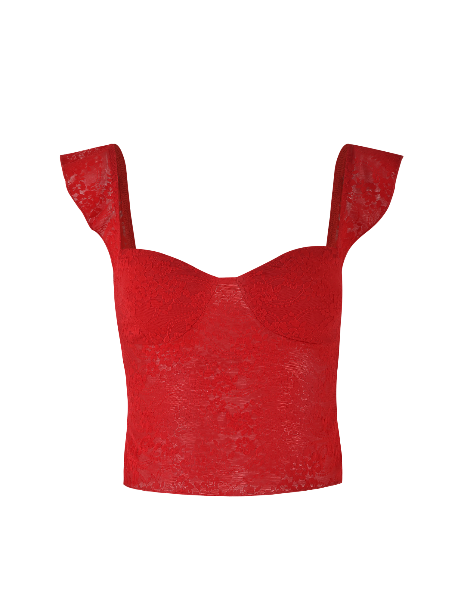 The LORNA TOP - RED by TIGERMIST is a red lace camisole crop top with wide, slightly flared shoulder straps, a sweetheart neckline, and a fitted, semi-sheer bodice.