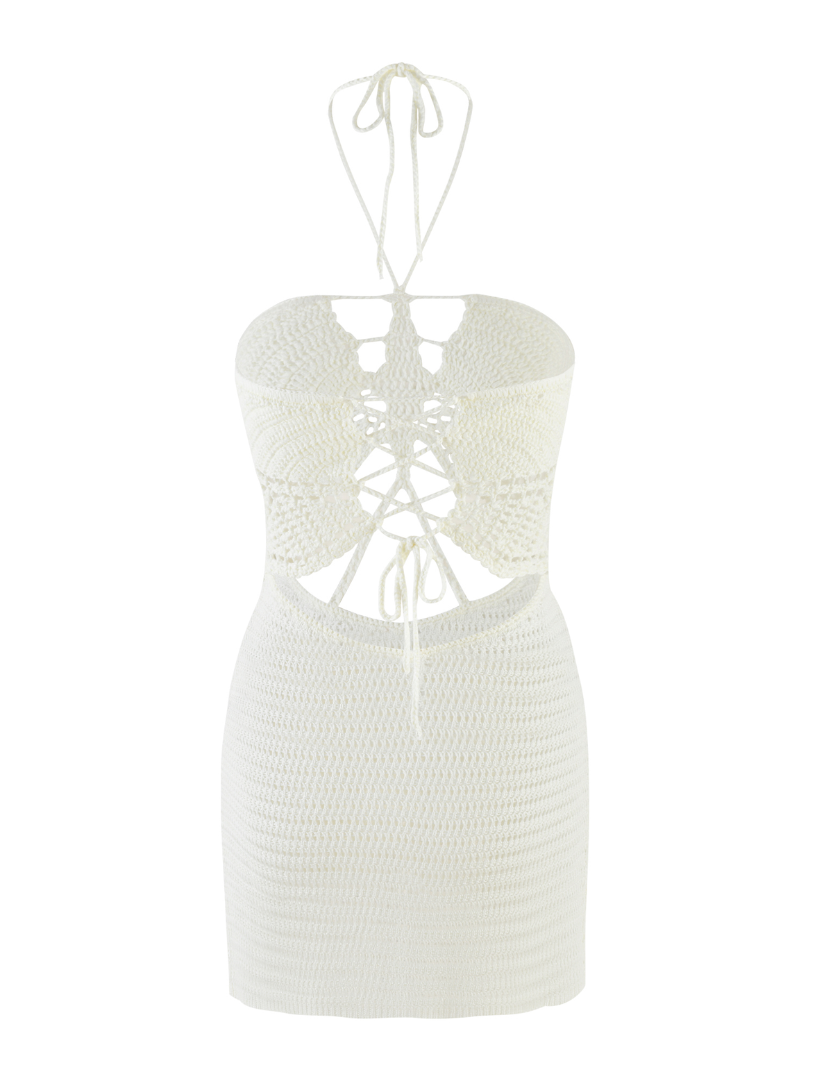 The TIGERMIST AZADI MINI DRESS in white is a crochet halter neck mini with an open back, lace-up detailing, and cut-out sections. Its form-fitting design ties at the neck and back for a flirty, feminine summer look.