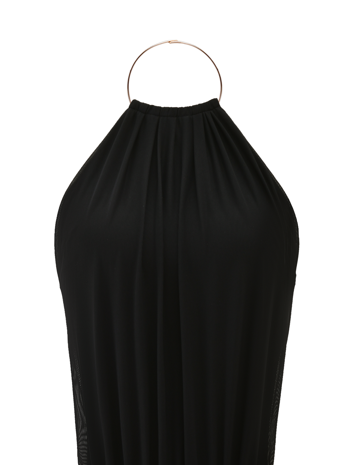The EVANNA MINI DRESS - BLACK by TIGERMIST features a gathered neckline, thin metallic circular collar straps, and an open back, shown against a plain white background.