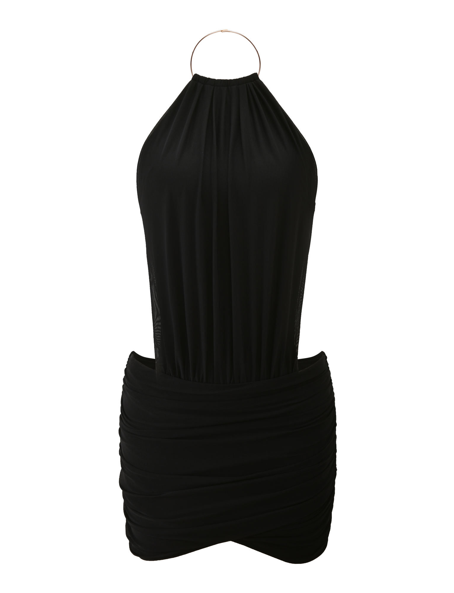 The EVANNA MINI DRESS by TIGERMIST is a black halter-neck mini dress with a gathered, ruched skirt, open back, and metallic ring closure.